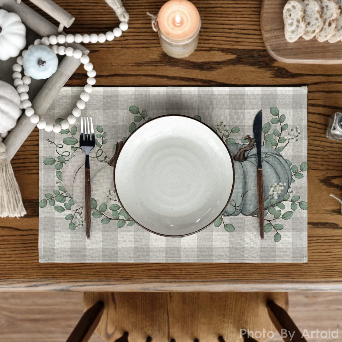 Artoid Mode Pumpkins Eucalyptus Leaves Fall Placemats Set Of 4, 12X18 Inch Autumn Thanksgiving Harvest Vintage Table Mat For Par