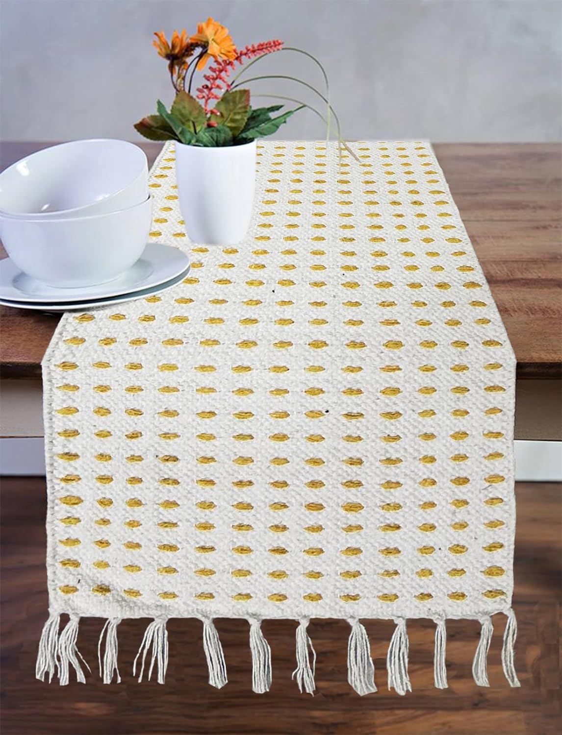 The First Home Decor Table Runner 14 x 60 Inch Long Natural Cotton Woven Runner with Tassels for Home Dining Table dcor, for Mod