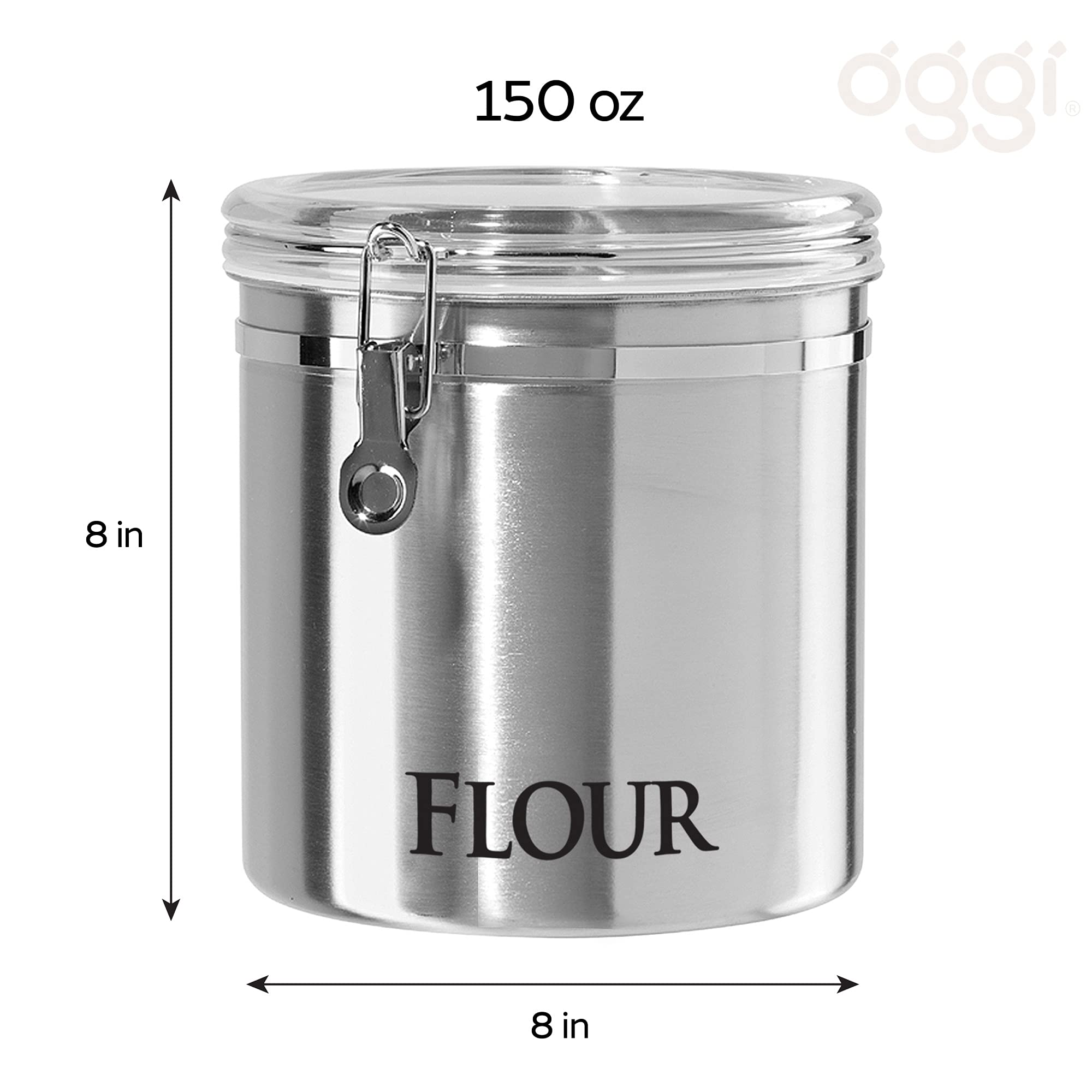 Oggi Jumbo 8'' Stainless Steel Flour Clamp Canister - Airtight Food Storage Container Ideal For Kitchen & Pantry Storage Of Flou