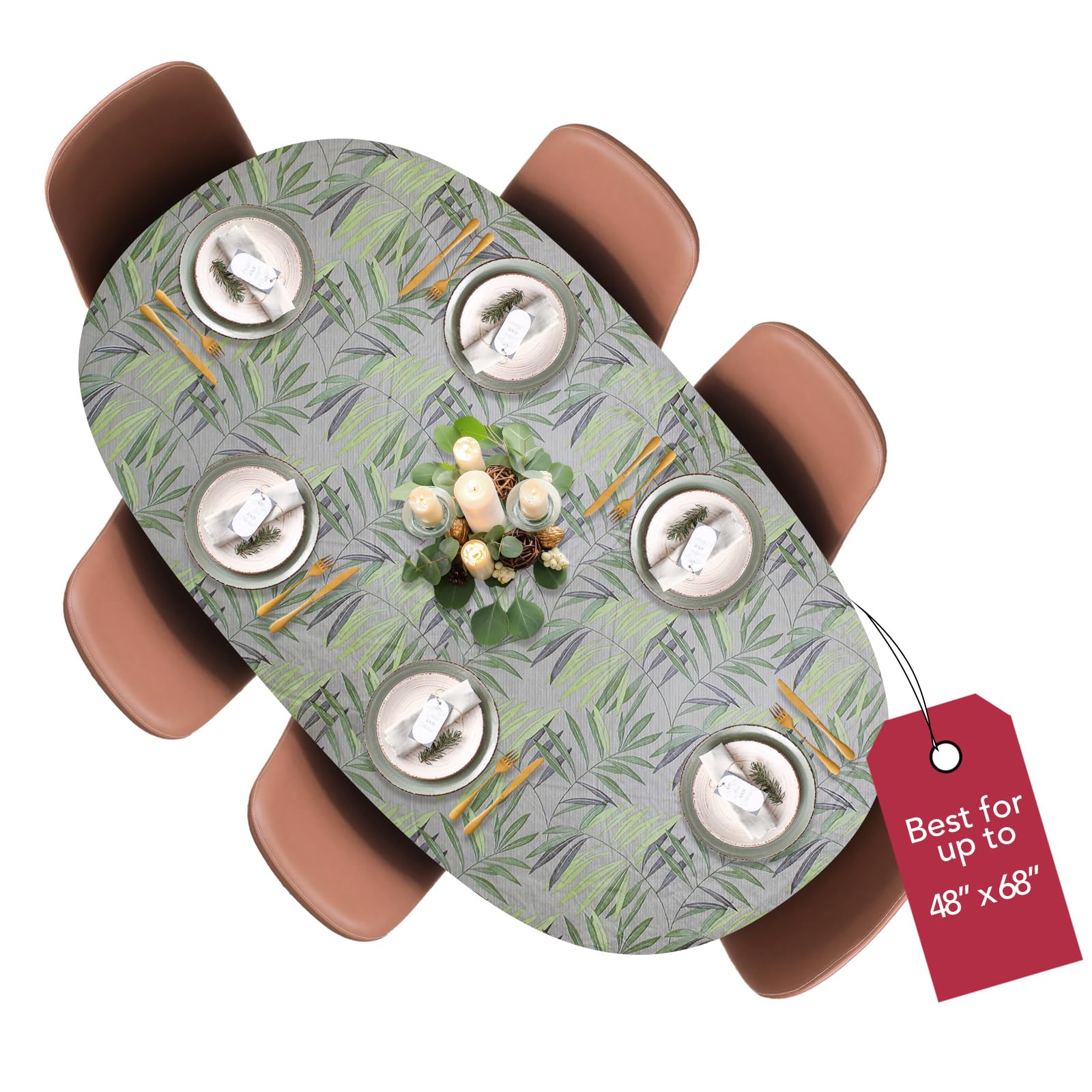 Covers For The Home Deluxe Elastic Edged Flannel Backed Vinyl Fitted Table Cover - Fern Pattern - Round Oblong Oval - Fits Table