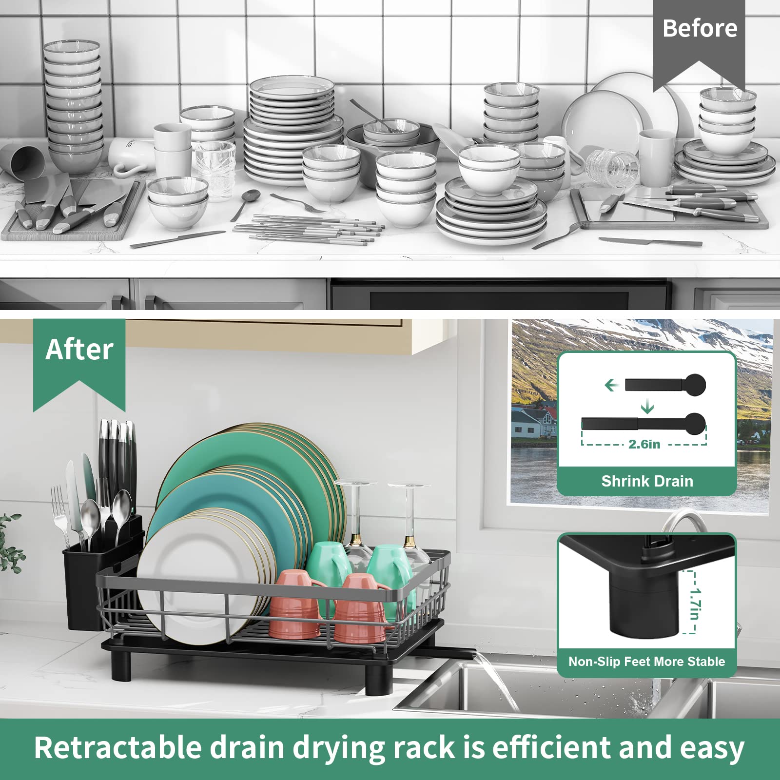 Moukabal Dish Racks For Kitchen Counter, Stainless Steel Dish Drainer, Dish Drying Rack With Drainboard And Removable Utensil Ho