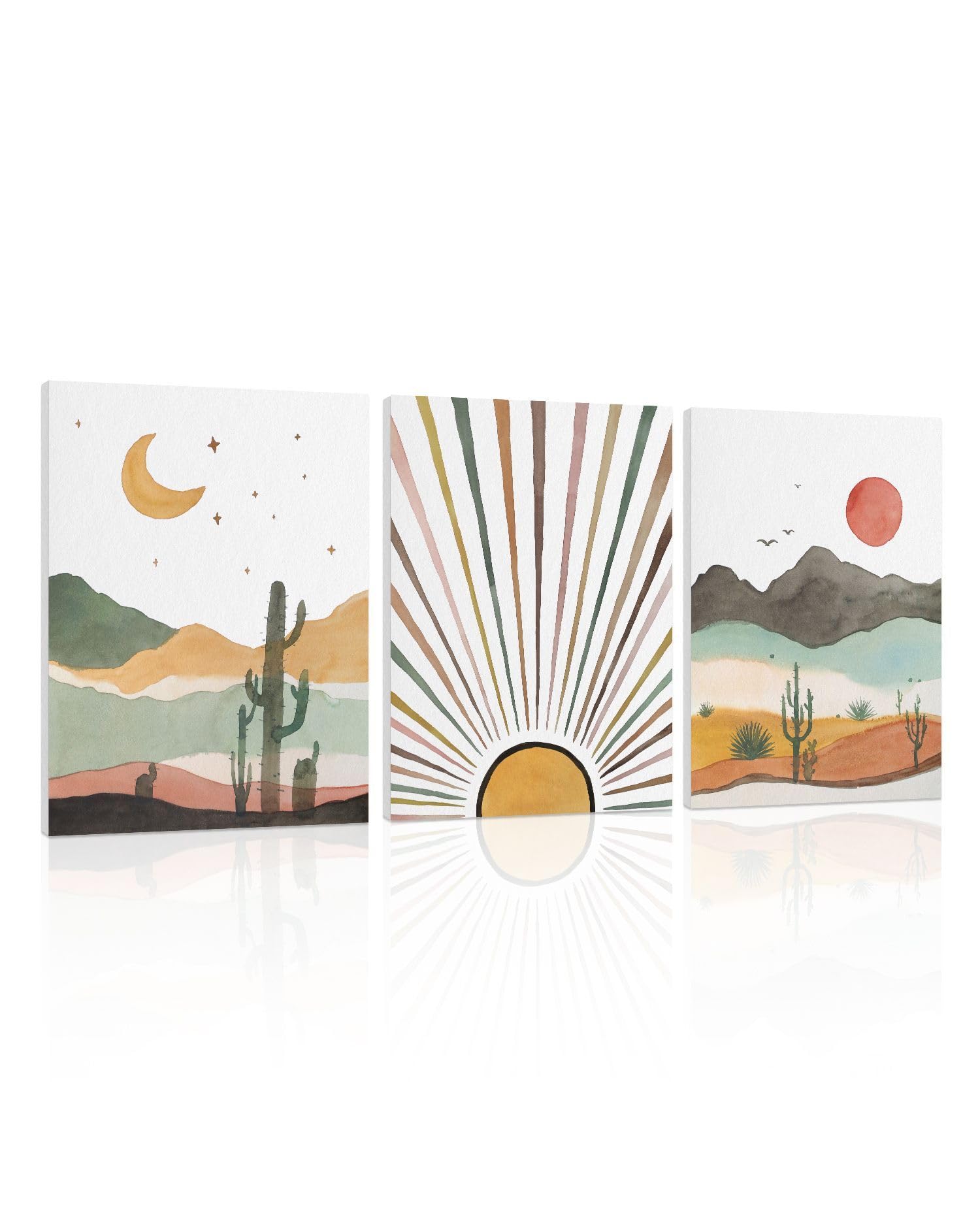 Boho Sun Nursery Wall Art: Bohemian Sunset Moon Picture Print For Bedroom, Boho Nursery Decor For Girl Room, 3 Piece Framed Post