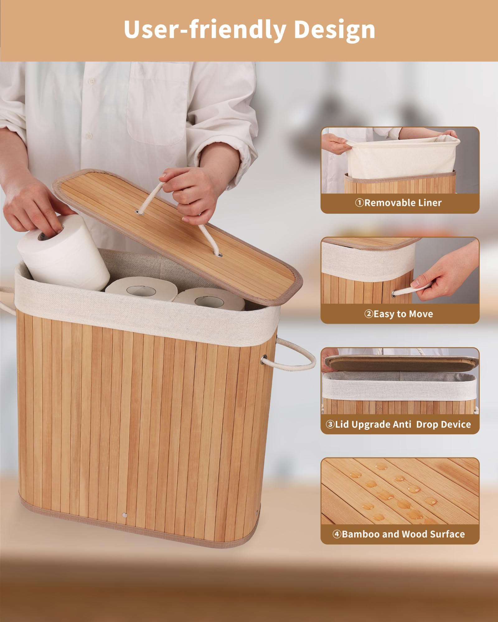 WAOHANAZ Bamboo Toilet Paper Storage with Lid & Handel, 8 Gallons (30L), Sturdy Toilet Paper Basket, Organizer for Bathroom, Kit