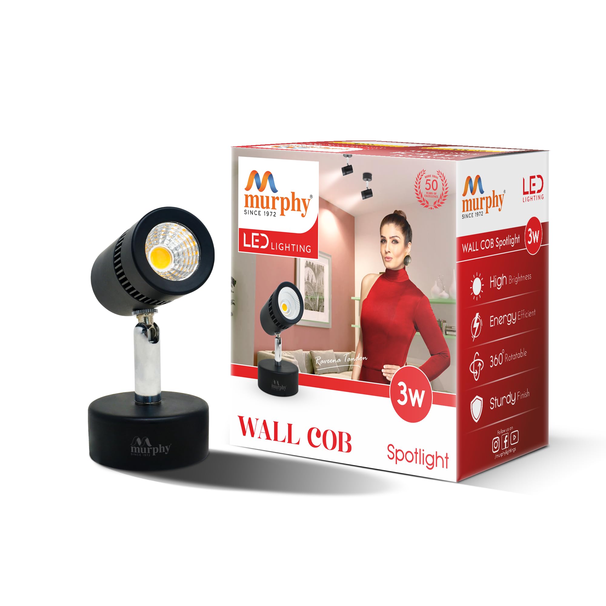 Murphy Aluminium 3W Adjustable Black Aliminum Led Wall Cob Surface Mounted Spot Light With 2 Years Warranty (Warm White, Pack Of