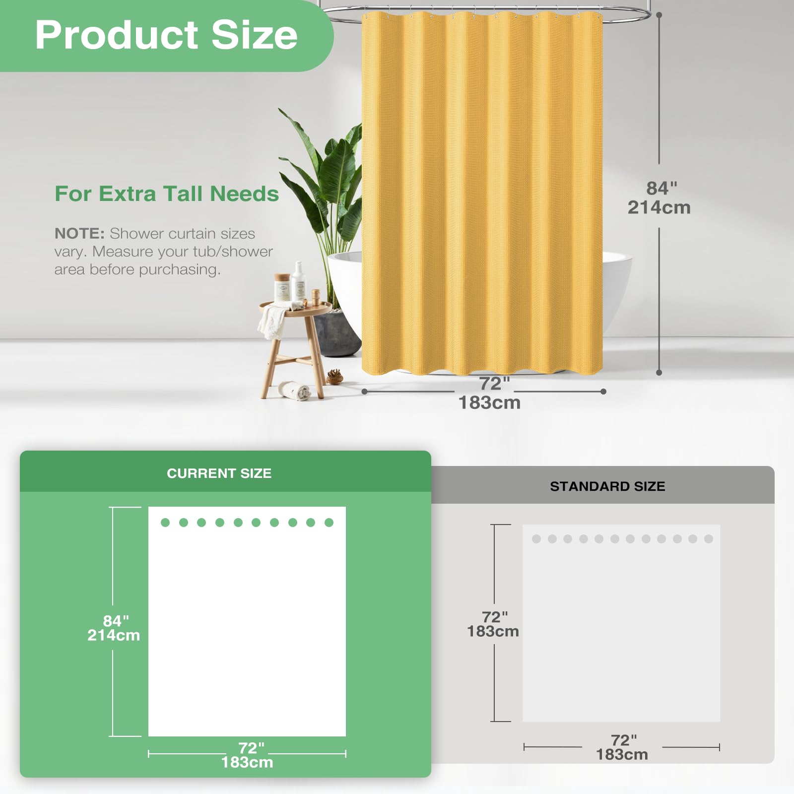 Dynamene Extra Long Shower Curtain - 84 Inch Long Waffle Weave Heavy Duty Fabric Bathroom Shower Curtain  Neutral Weighted Hotel Thick Bath Curtain Set with 12 Plastic Hooks 72x84  Gold