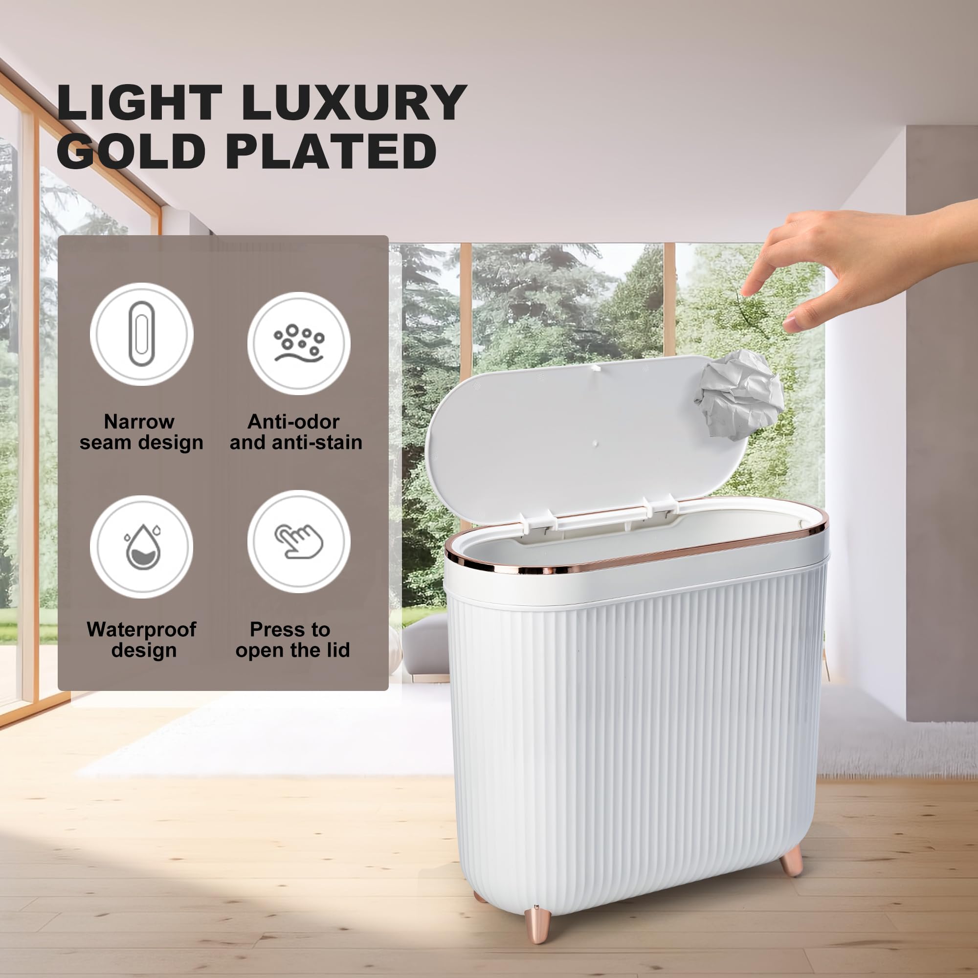 Supteron Bathroom Trash Can With Lid 3.2 Gallon Narrow Trash Can Small Plastic Trash Bin 12 Liter With Press Type Lid For Bedroo
