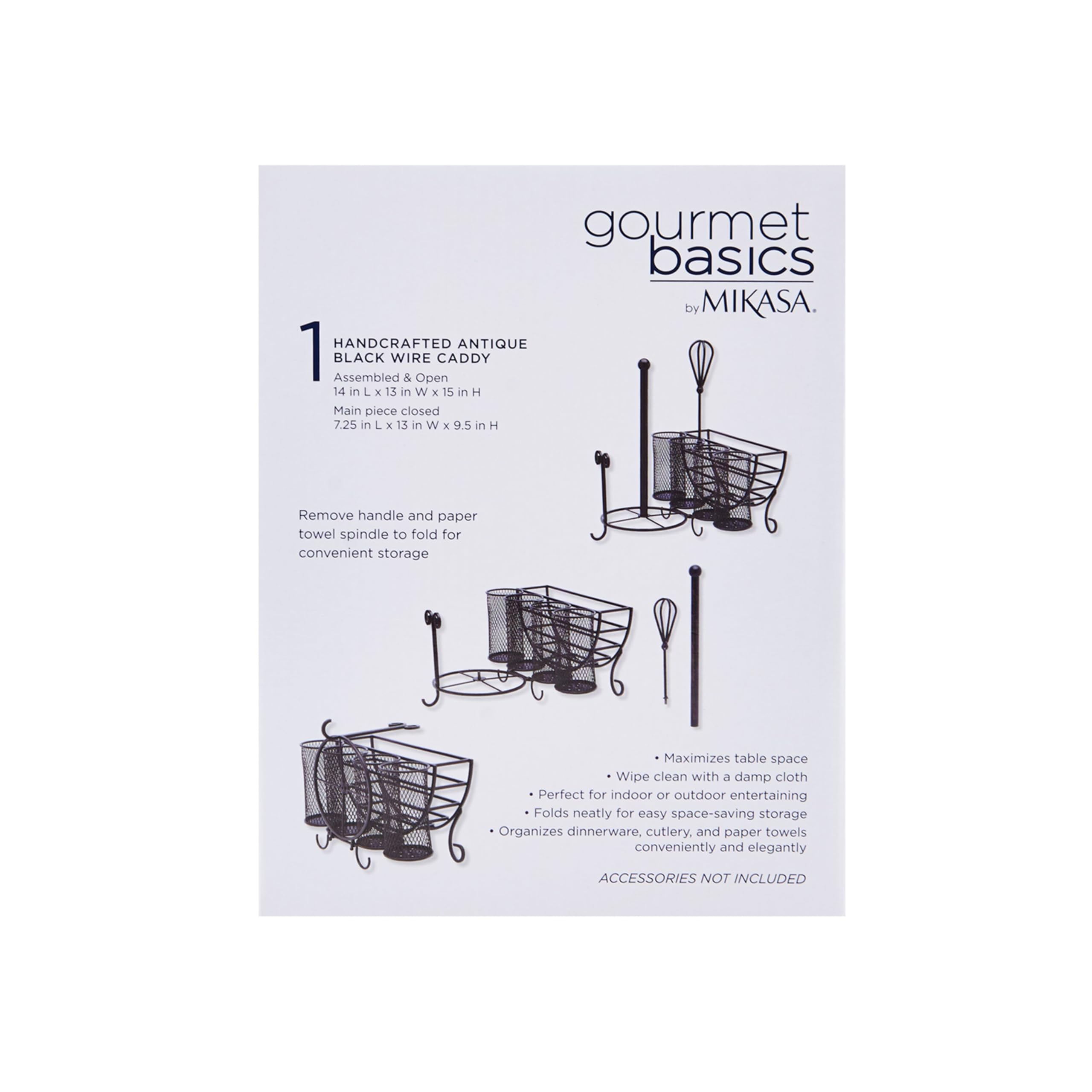 Gourmet Basics By Mikasa 5176813 Avilla Picnic Plate Napkin And Flatware Storage Caddy With Paper Towel Holder, Antique Black, C