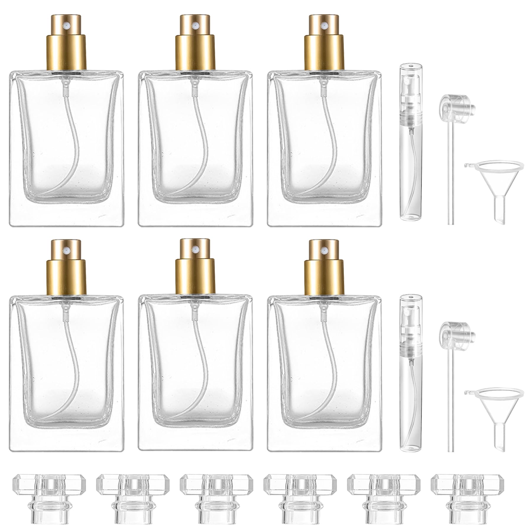 SpisoHdx 12Piece Perfume Atomizer Set: 6x30ml (Gold) & 2x5ml LeakProof Refillable Glass Bottles, with 2 Funnels & 2 Transfer P