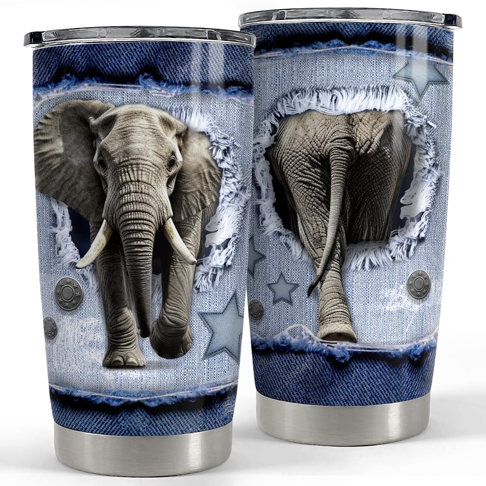 Sandjest Elephant Tumbler 20Oz Stainless Steel Insulated Tumblers Coffee Travel Mug Cup Jeans Drawing Style Elephants Gifts For