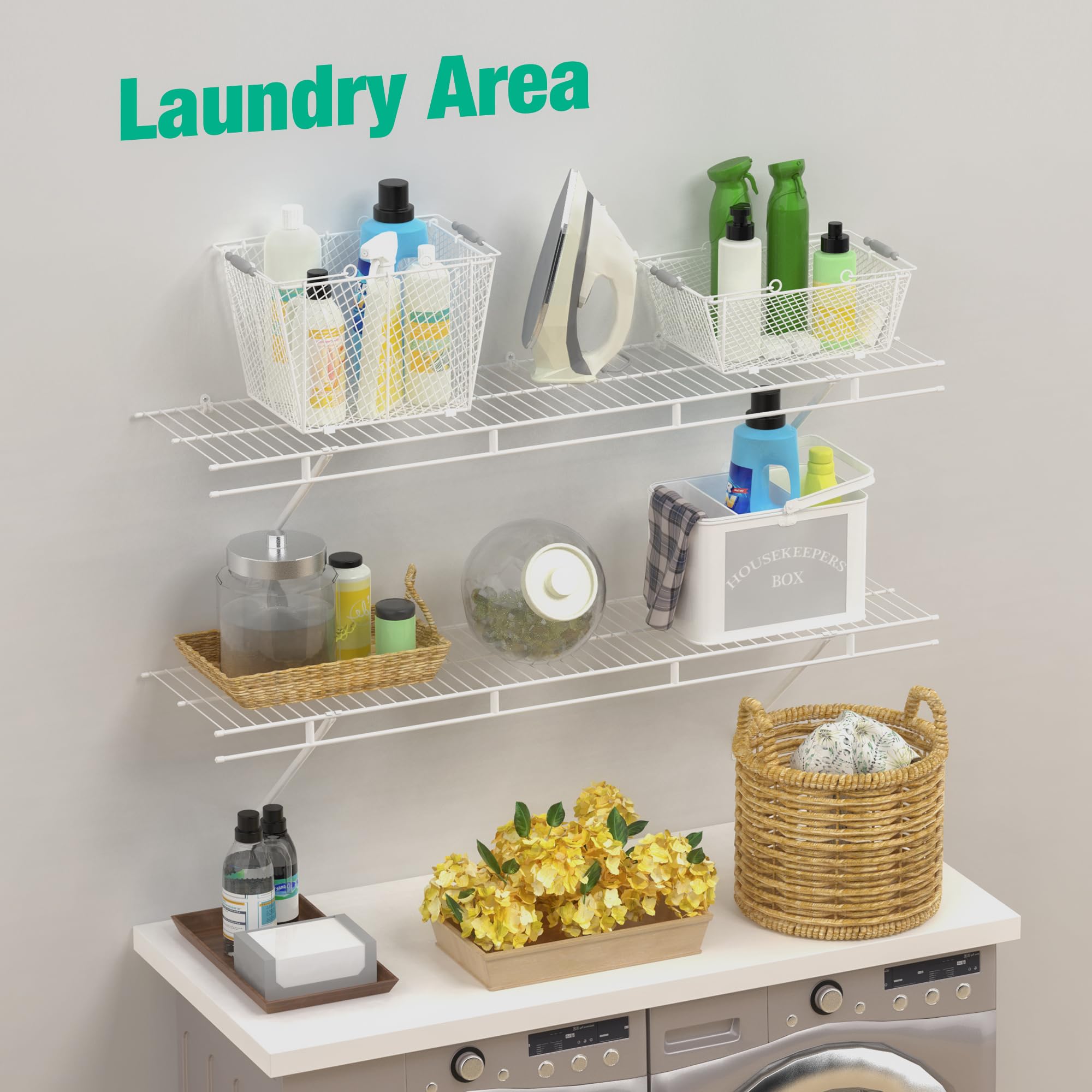 Haushof Closet Shelves Wall Mounted 4-Pack, 4 Ft X 12In White Wire Shelving For Laundry Room, Closet, Basement Organization And