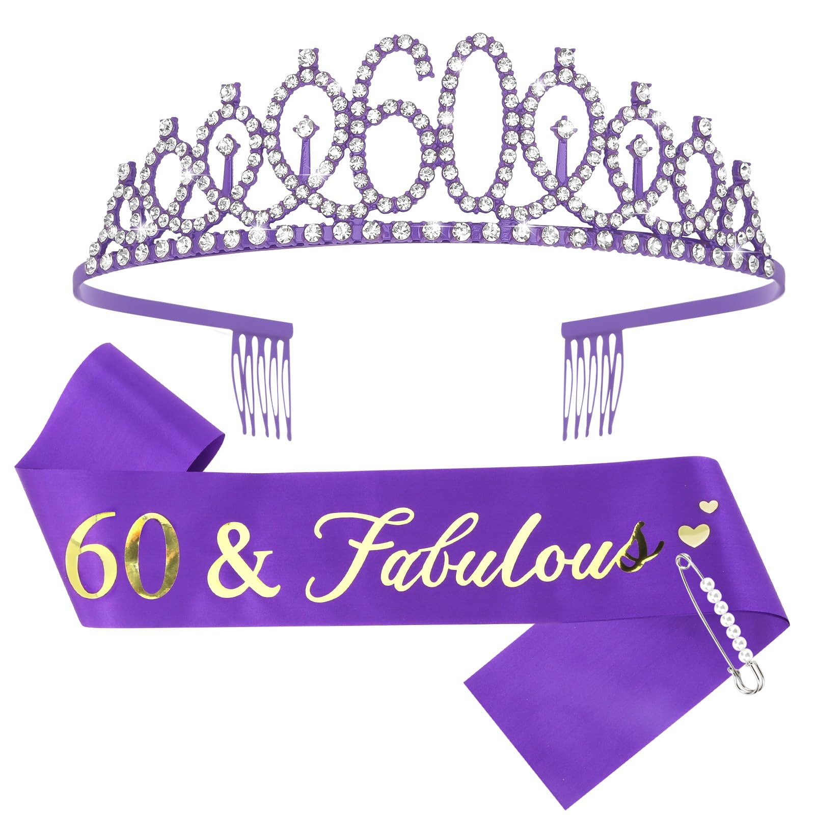 Casoty 60Th Birthday Sash And Tiara For Women, 60Th Birthday Decorations For Women, Purple 60Th Crown And 60Th Birthday Sash Set