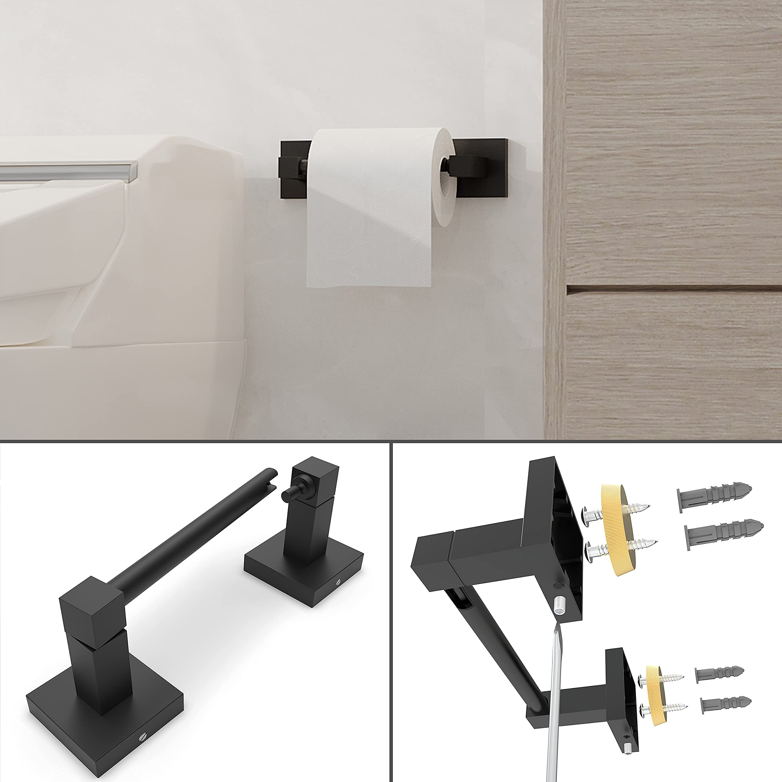 Ruacq Matte Black Toilet Paper Holder Towel Ring Bathroom Accessories Hardware Set Double Post Pivoting Toilet Roll Holder Squar