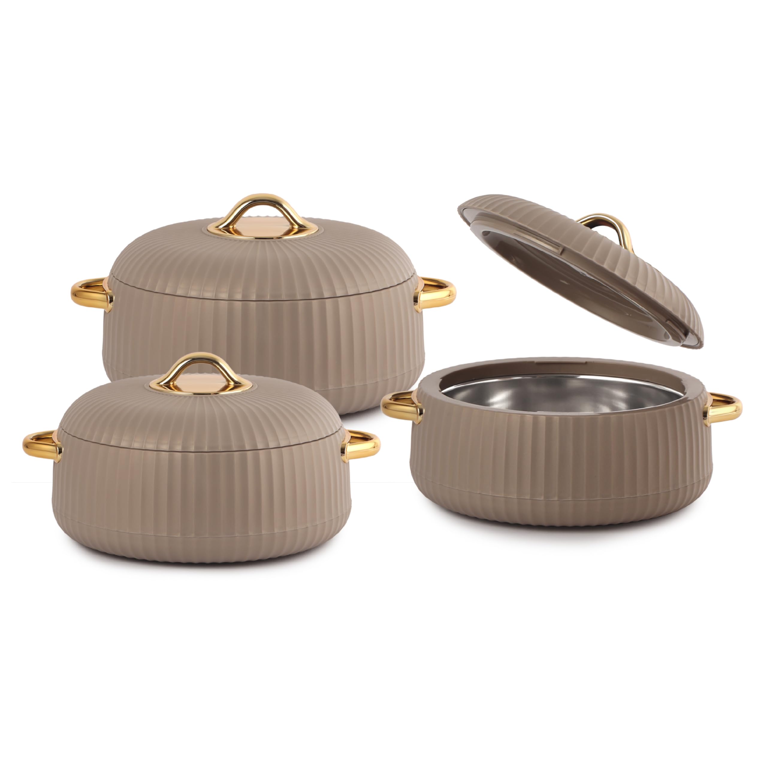 CELLO Aurum Insulated Casserole Hot Pot Box Set of 3 Pcs (1000ml, 1000ml, 1500ml) Beige | Airtight Lid Hot Pot Case Keeps Food H