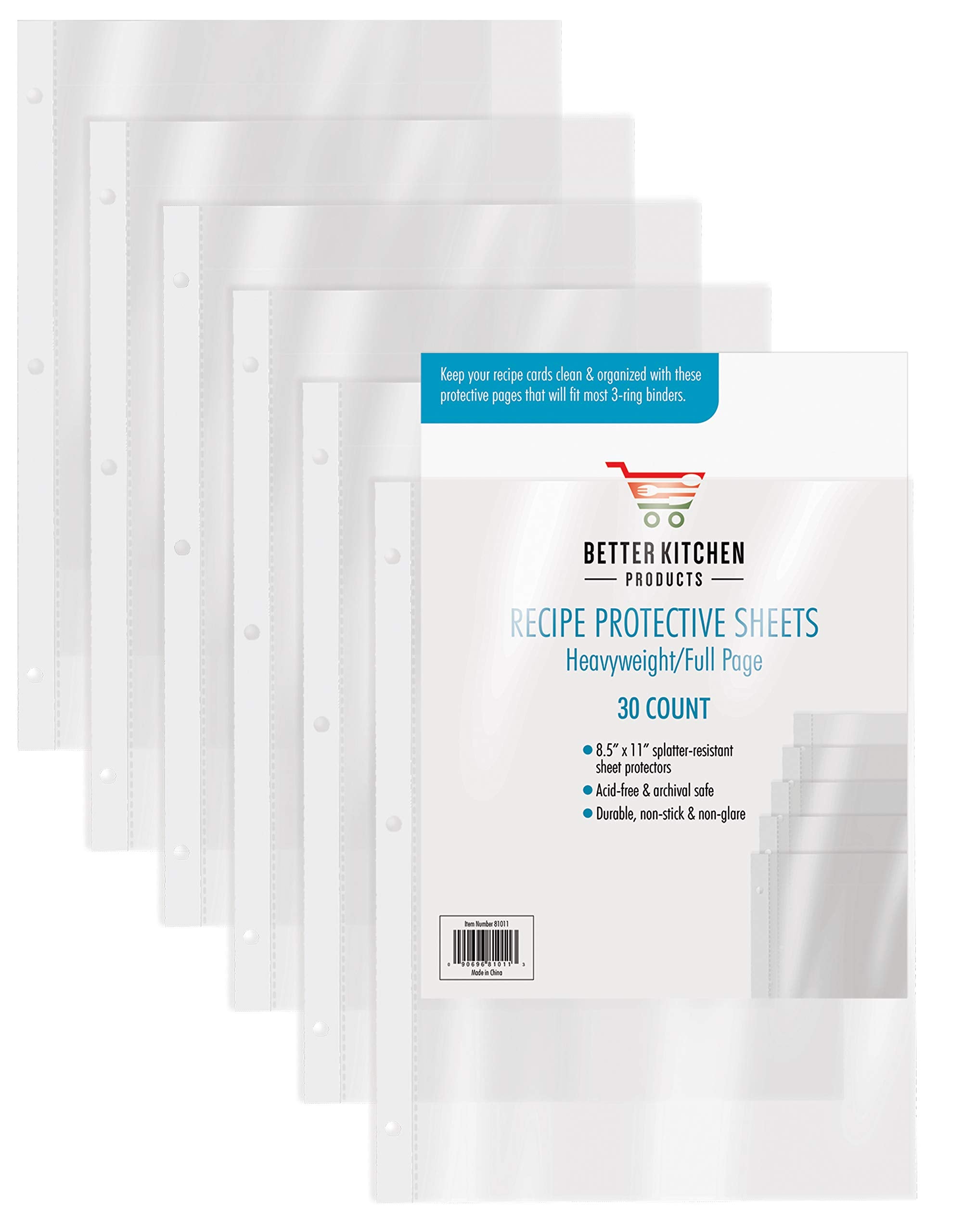 Recipe Sheet Protectors Full Page, 8.5 X 11 Inch, 30 Pack, Heavyweight, Top Load, By Better Kitchen Products, Page Protector Bin