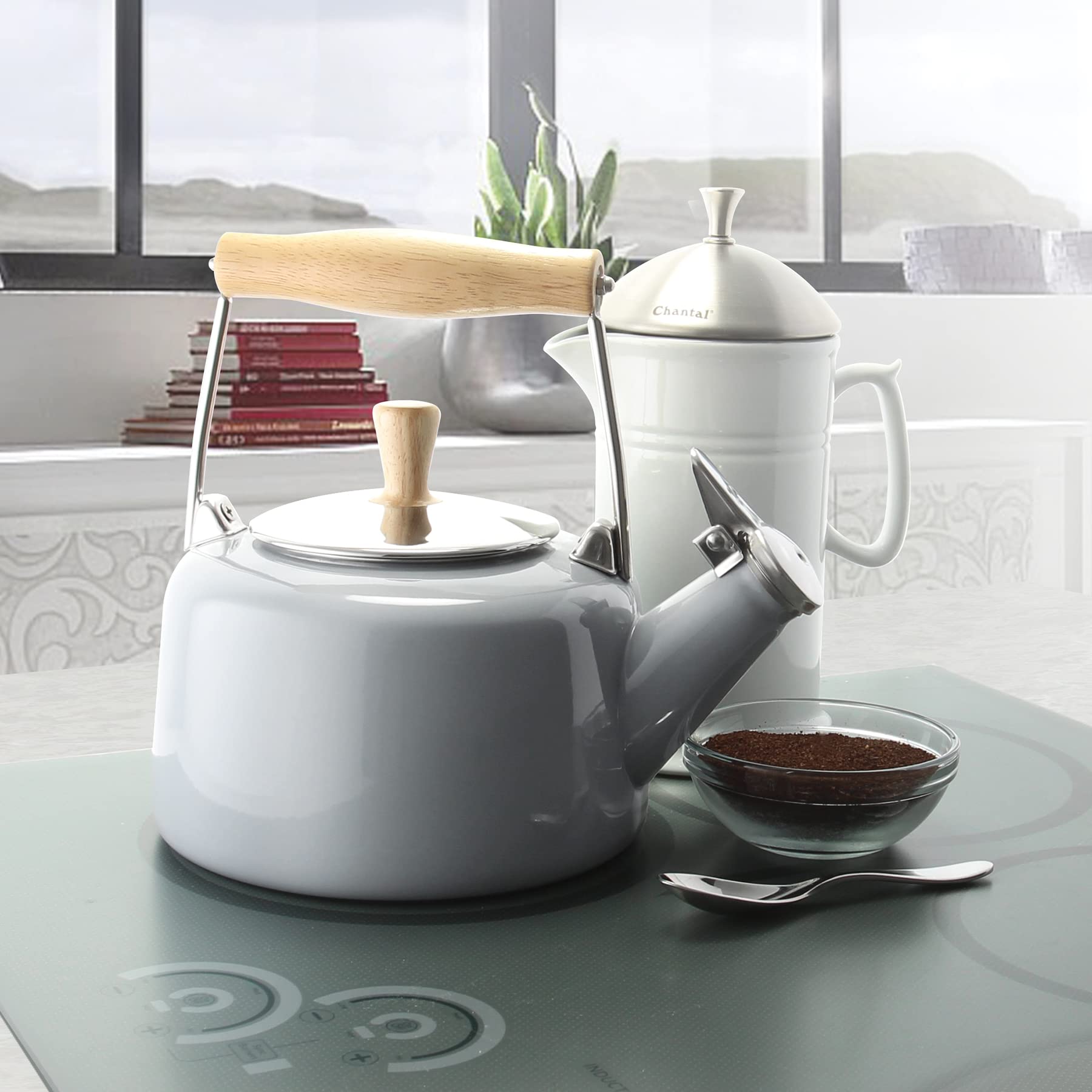 Chantal SVEN Enamel on Steel Whistling Teakettle with Natural Wood handle  1.4 quarts (Fog Grey)