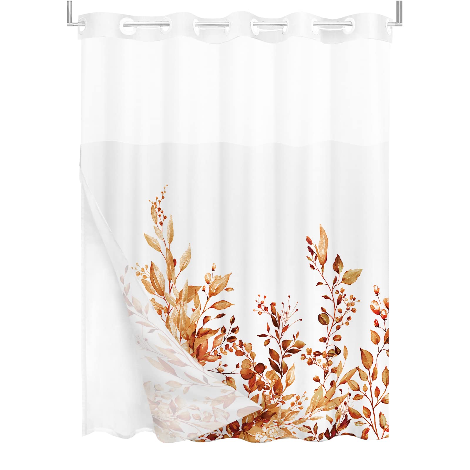 Tititex No Hooks Snap In Liner Orange Eucalyptus Leaves Shower Curtain Sets, Hotel Luxury Double Layers Waterproof Fabric & See-