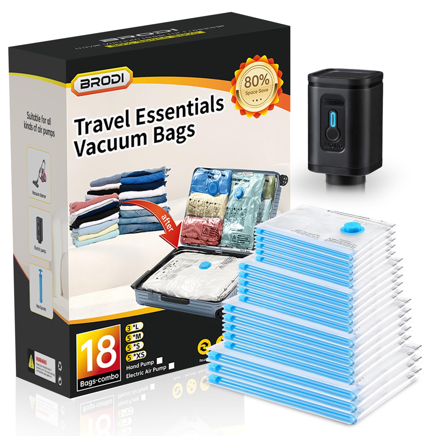 Brodi 18 Combo Pack Travel Vacuum Bags With Pump - Compression Bags For Travel,Vacuum Storage Bags For Space Saver & Travel Esse