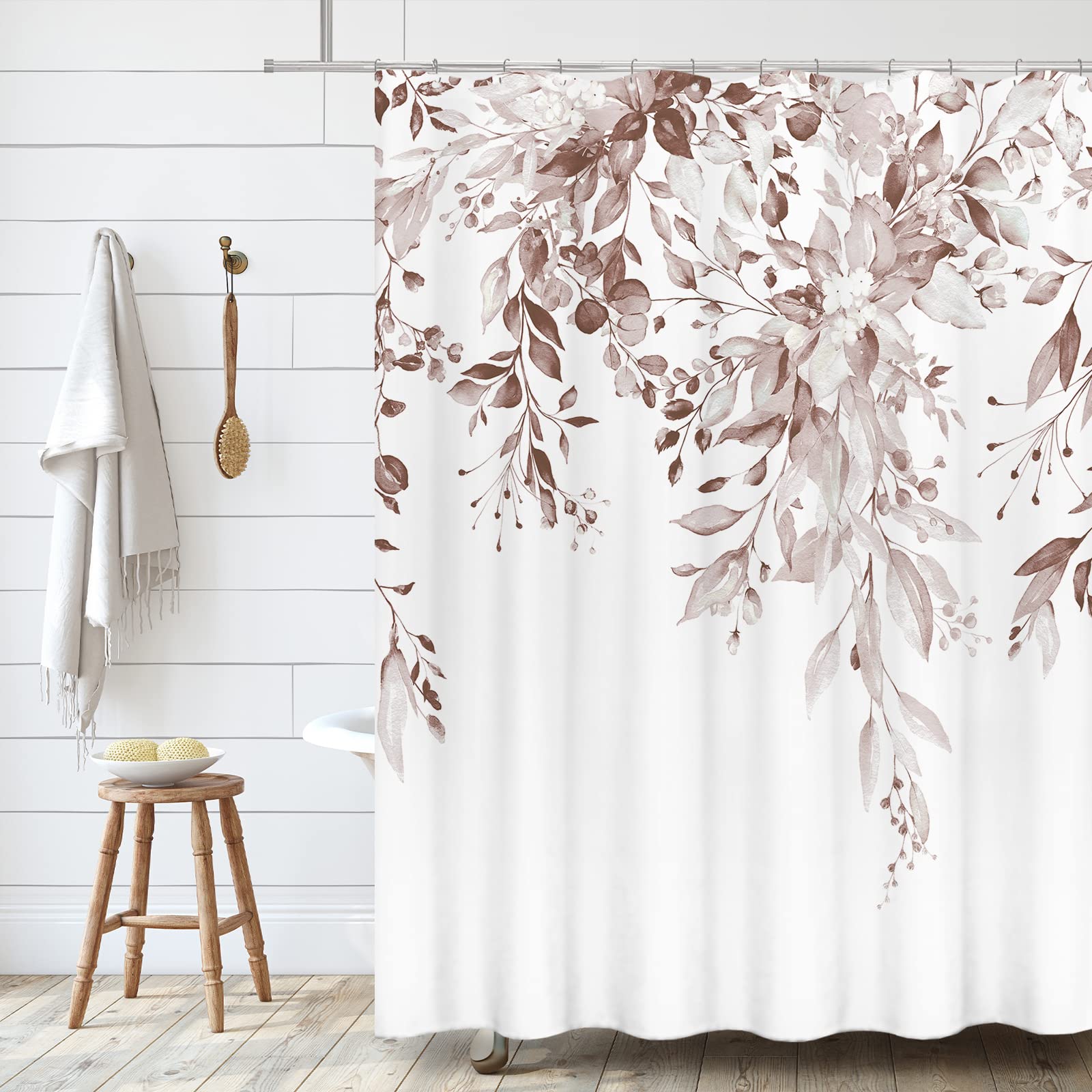 Tititex Rosy Brown Eucalyptus Shower Curtain Sets, Watercolor Leaves On The Top Plant With Floral Bathroom Decoration 60X72 Inch
