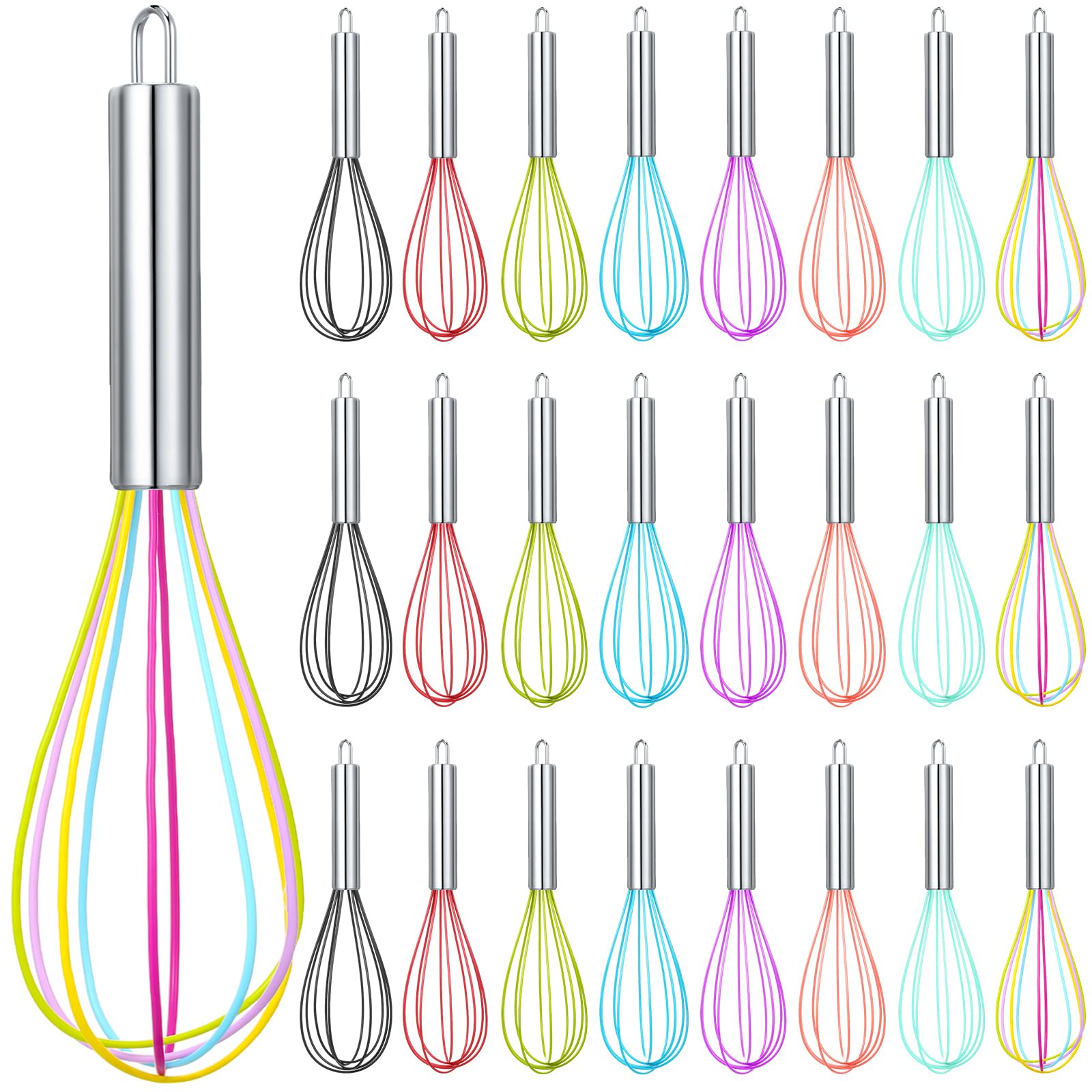 Domensi 24 Pcs 8 Inch Whisks Bulk For Cooking Silicone Whisks Non Scratch Stainless Steel Hand Whisks Large Coated Metal Heat Re