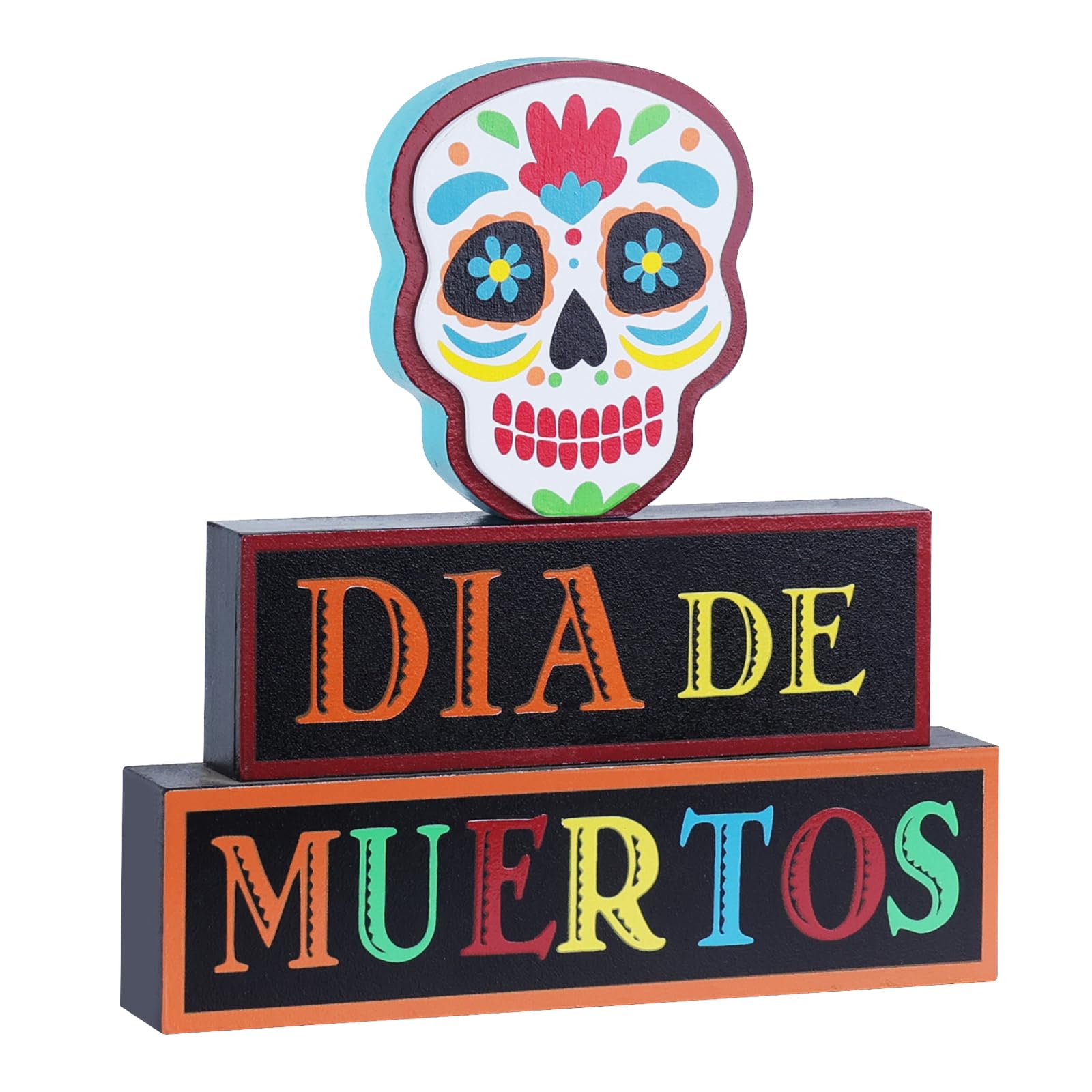 DECSPAS Day of the Dead Decorations, Wood Block Sugar Skull Dia De Los Muertos Decorations with DIA DE MUERTOS Sign, 3-Layered W