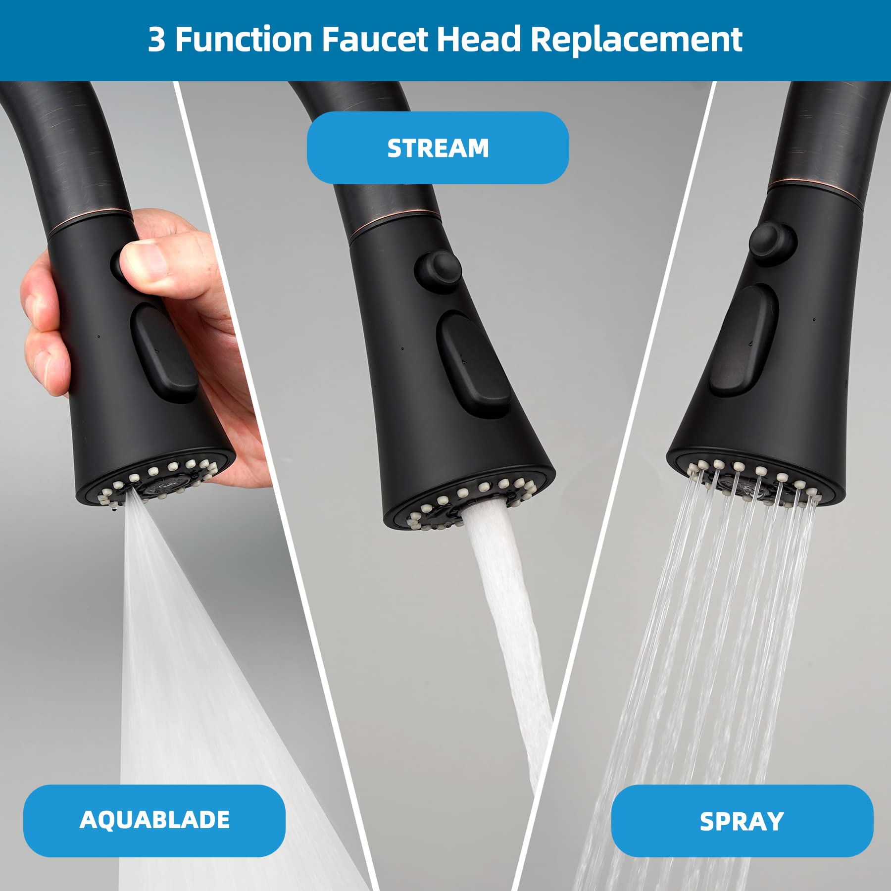 Hygie Rinse Kitchen Faucet Head Replacement, Pull Down Kitchen Faucet Sprayer Head With 9 Adapter Kit, 3 Function Kitchen Sink F