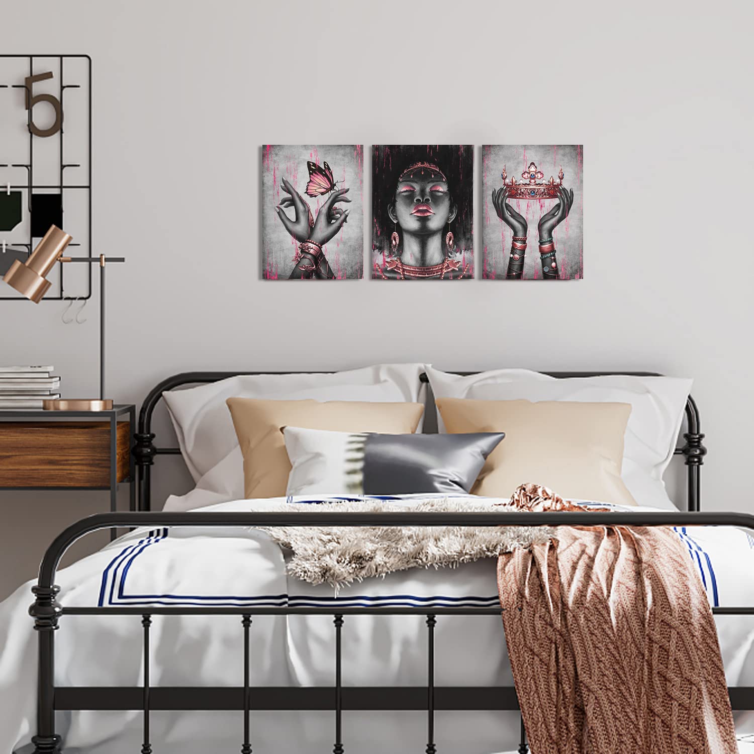 Visual Art Decor African American Canvas Wall Art Pink and Black Woman Portrait Fashion Rose Gold Black Girl Pink Bedroom Decor Framed Artwork for Home Living Room Decor (12inx16inx3Pieces)