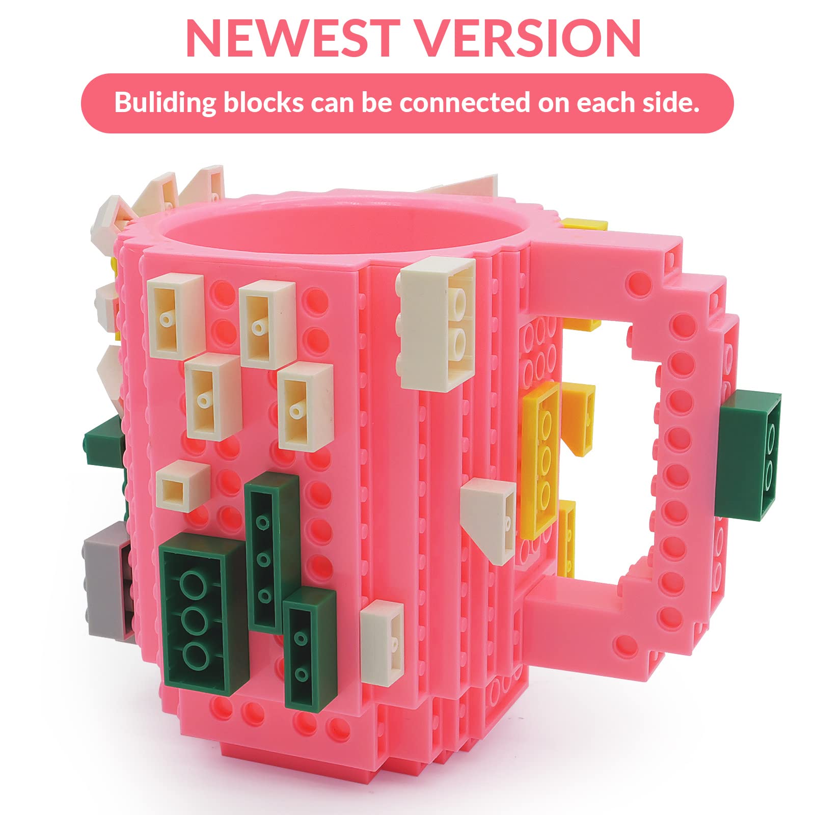 Lumsburry Build-On Brick Coffee Mug, Funny Diy Novelty Cup With Building Blocks Creative For Kids Men Women Xmas Birthday (Pink)