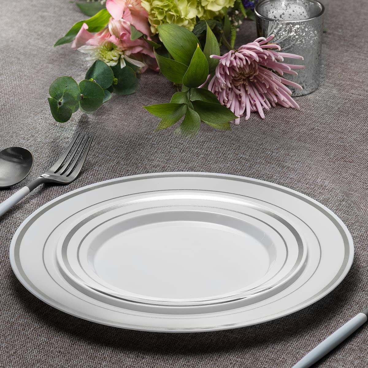 Setup [60 Piece Combo Silver Trim Plastic Plates - Premium Heavy-Duty 30 Disposable 10.25'' Dinner Party Plates And 30 Disposabl