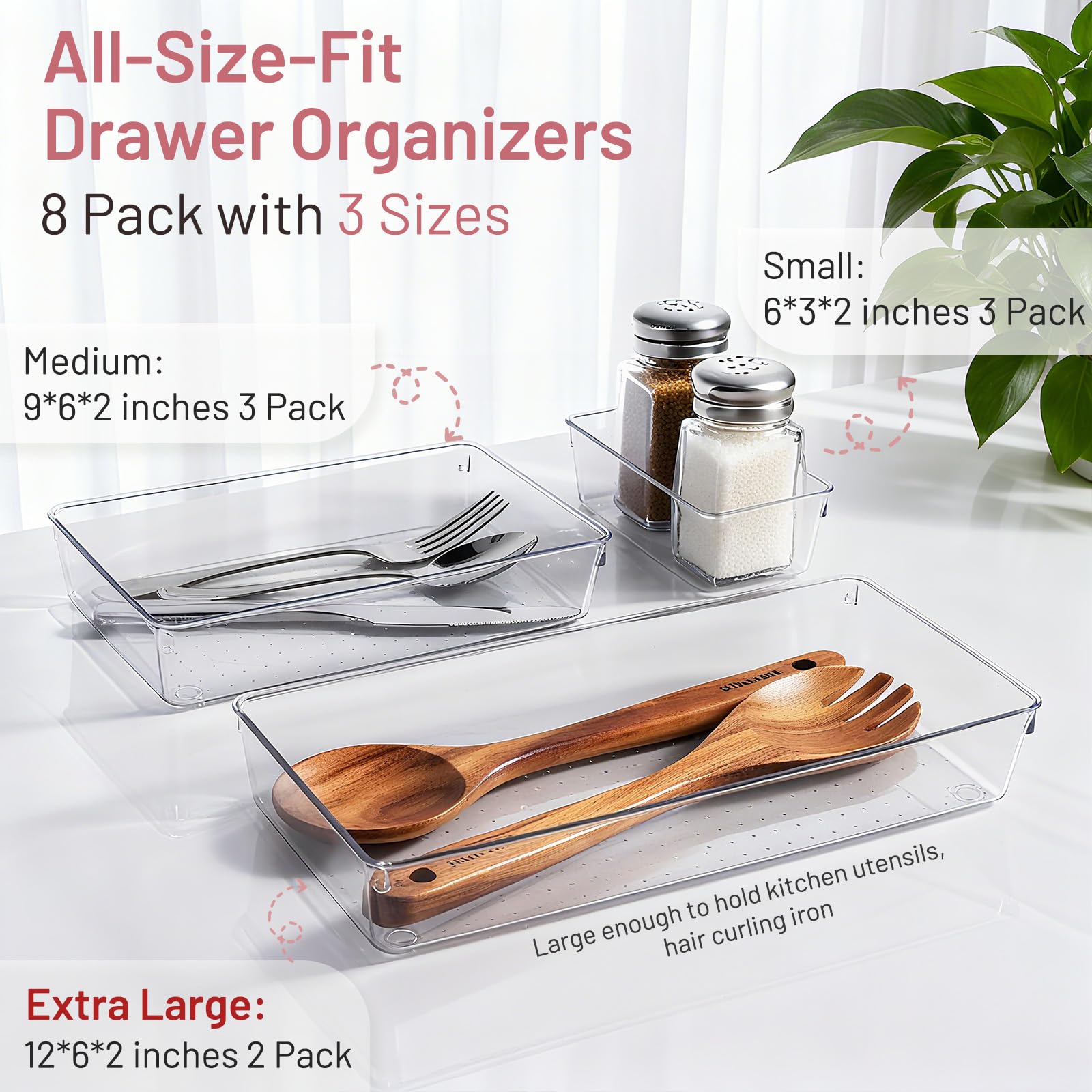 CHOWAY 8 Pack Large Clear Plastic Drawer Organizer Trays - Acrylic Kitchen Drawer Dividers for Utensils - 3 Sizes Heavy Duty Hom