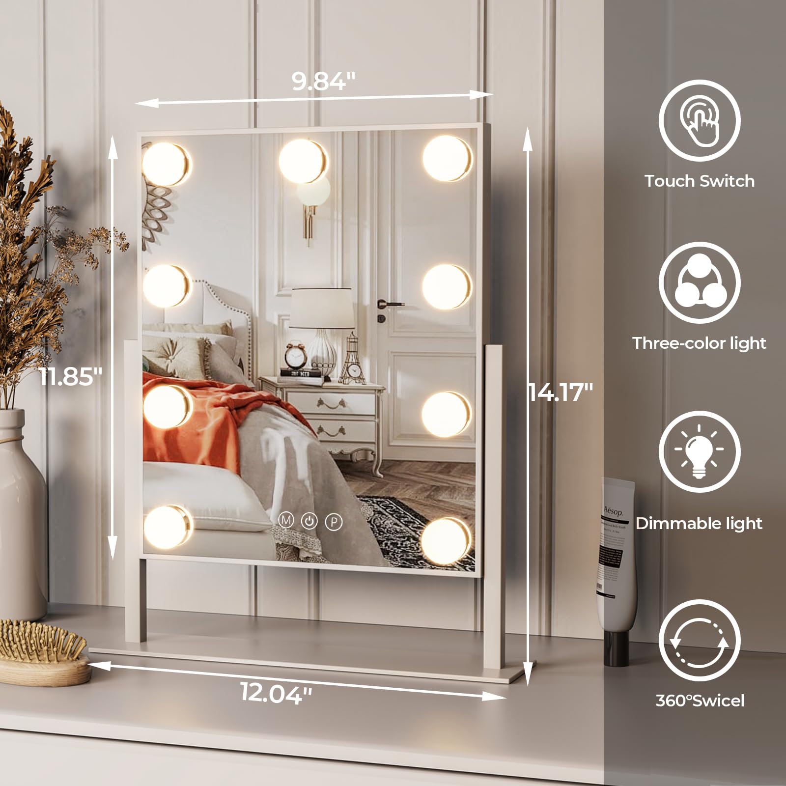 ZL ZELing Vanity Mirror with Lights Tabletop Makeup Mirror with 9 LED Lights Smart Touch Control 3 Colors Light 360Rotation
