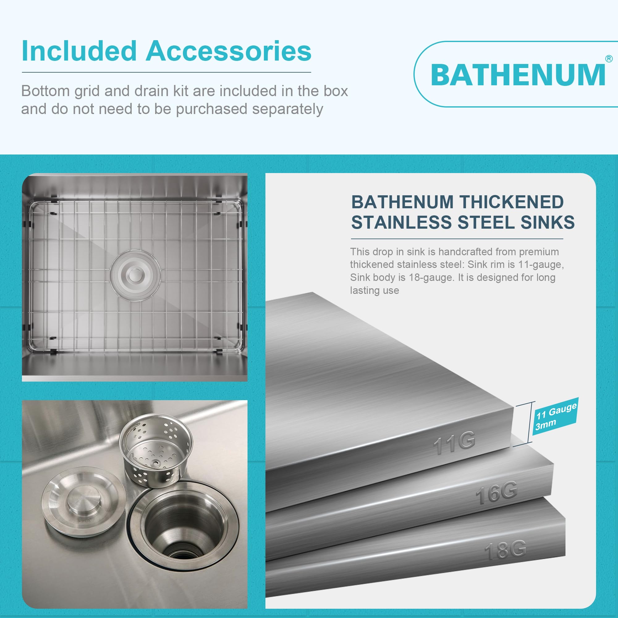 Bathenum 22'' X 18'' Drop In Kitchen Sink 304 Stainless Steel Single Bowl Topmount Kitchen Sink With Drain Kit And Bottom Grid,