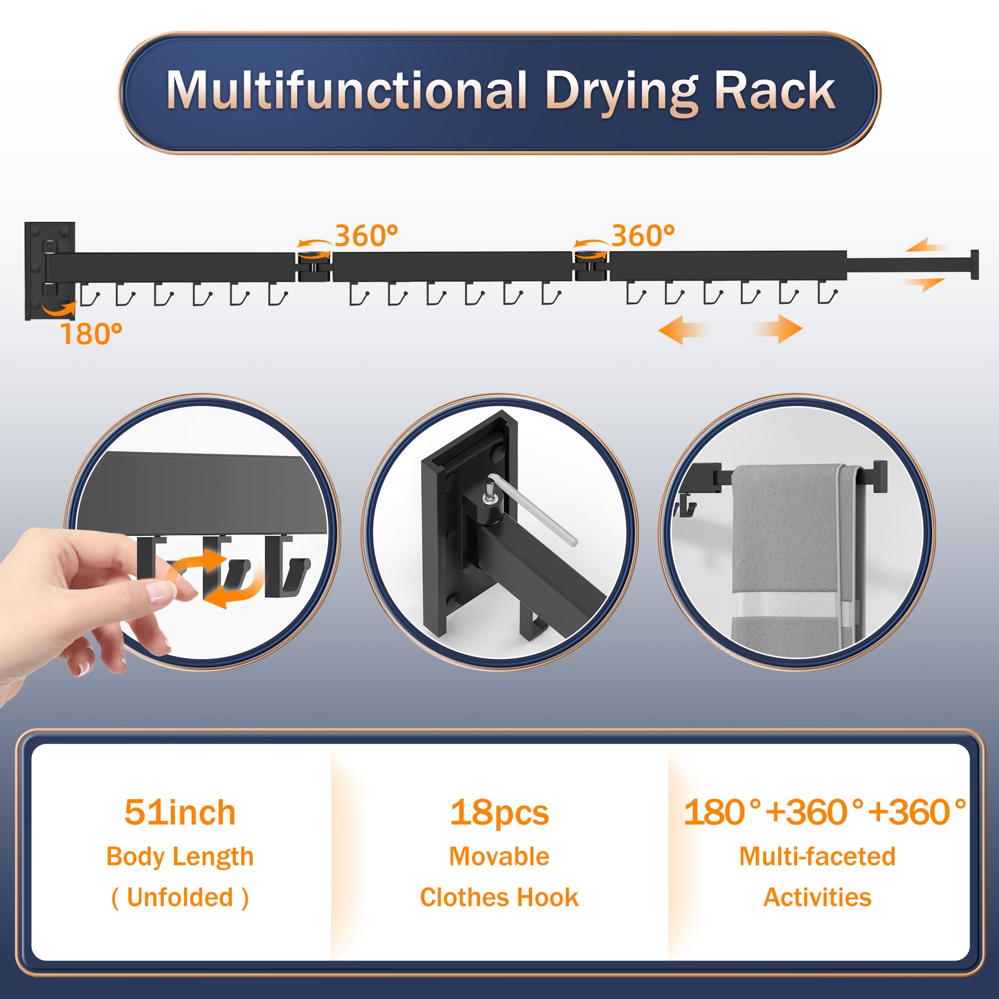 Wall Mounted Clothes Drying Rack  Space Saver Laundry Clothes Rack Retractable Dryer  Collapsible(3-Pole)  Black  Sandy Coating 3z-b01