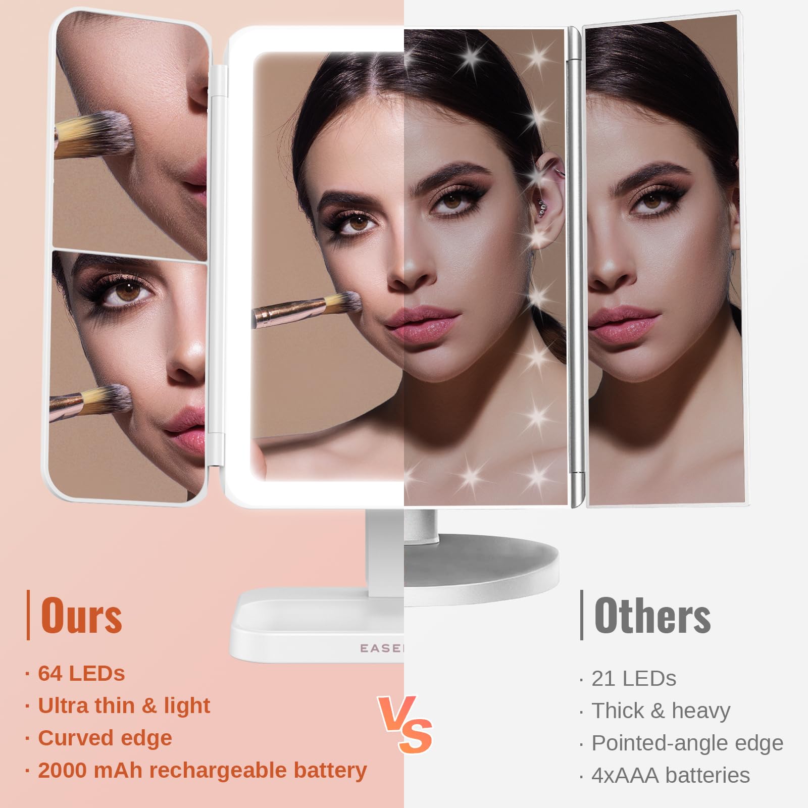 EASEHOLD Lighted Makeup Mirror - 3X Magnification, 3 Color Lights, Rechargeable Trifold Vanity Mirror, 14"L x 11.4"W, A-white, Model