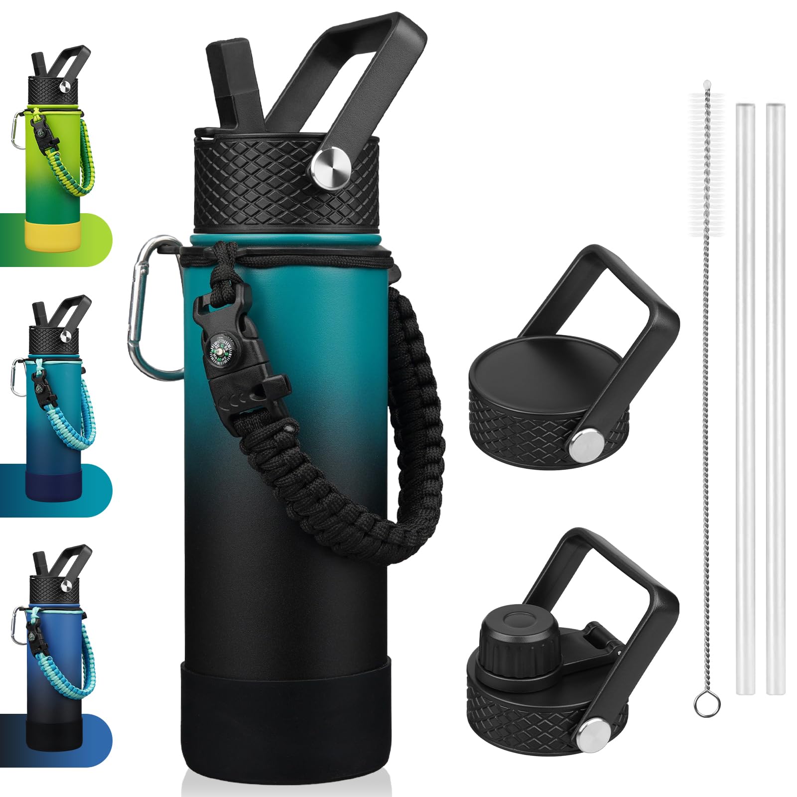 BJPKPK Insulated Water Bottle with Straw Lid, 22oz Thermal Flasks Water Bottles with 3 Lids, Paracord Handle & Non-slip Boot, BP