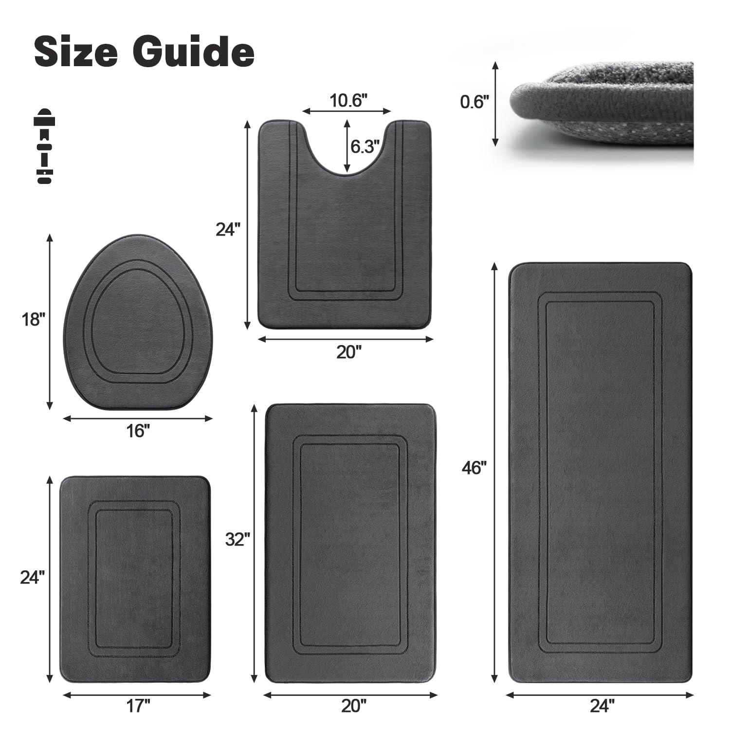 Yihouse Dark Grey Memory Foam Bathroom Rug Set 5 Piece, Absorbent Bathroom Mat Set, Non Slip Bath Mats For Bathroom Washable Dry