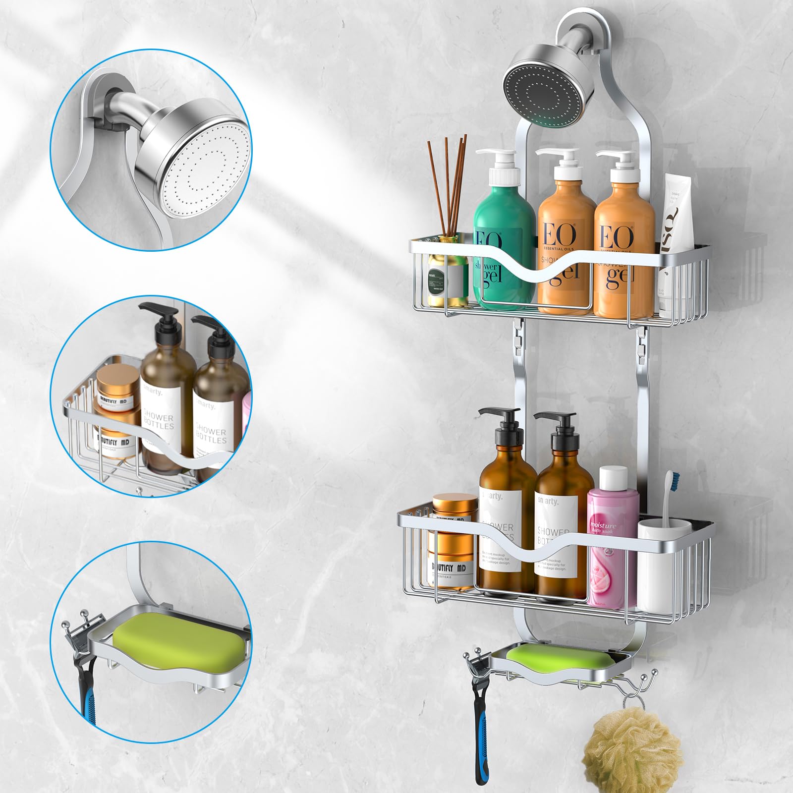 Kadolina Hanging Shower Caddy, Over Head Shower Caddy Shower Organizer Rack Basket With Soap Dish, Hooks For Razor And Sponge (B