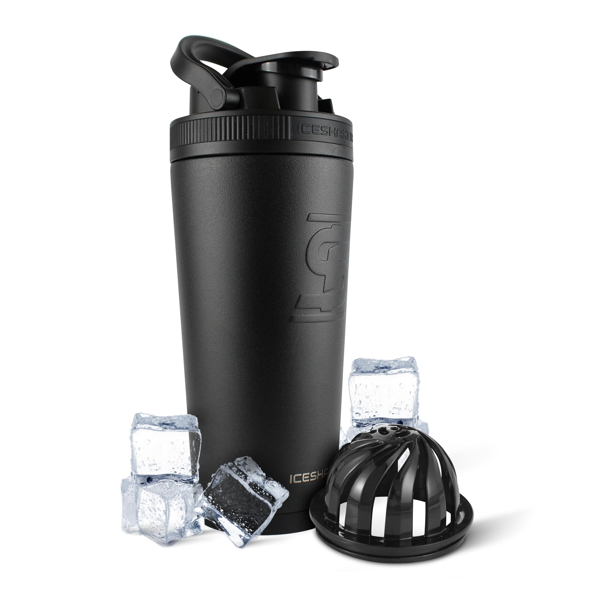 Ice Shaker Insulated Stainless Steel Shaker Bottle | 26Oz, Black | Cold For 30+ Hours | Insulated Cup With Twist-On Agitator | O