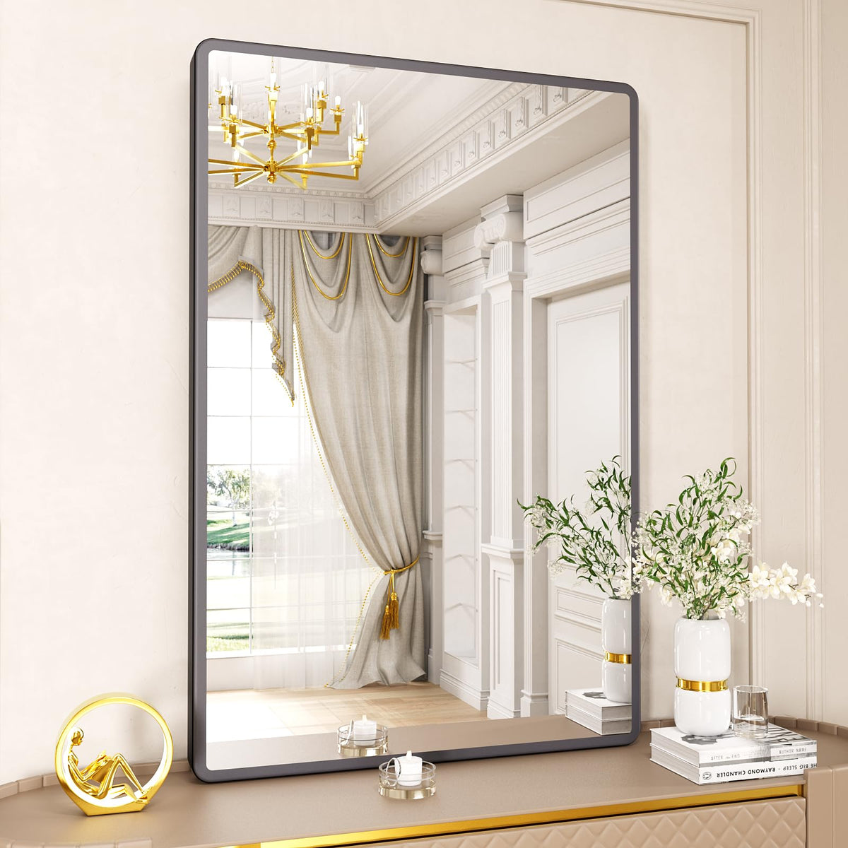 Pertetey New Upgrade 28X36 Inch Wall Mounted Bathroom Mirror, Black Metal Frame Rounded Rectangle Mirror, Bathroom Vanity Mirror