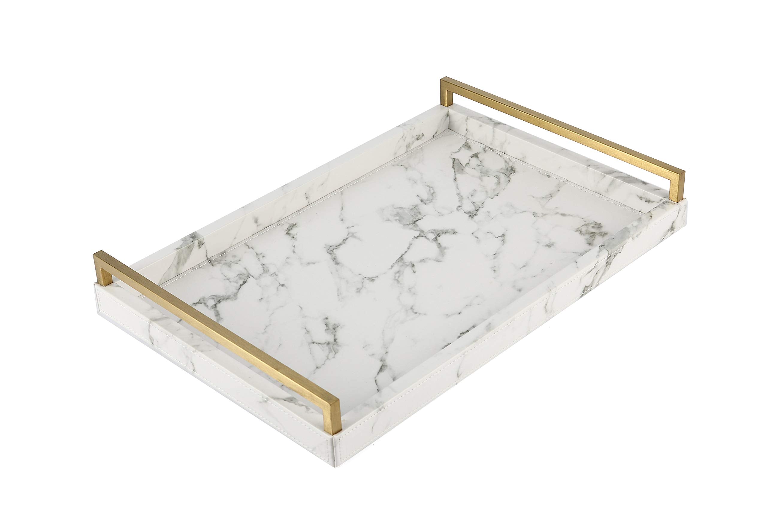 WV 17.8 * 11.8 White PU Leather Marble Finish Decorative Tray Serving Tray Coffee Table Tray with Brushed Gold Handle for Coffee