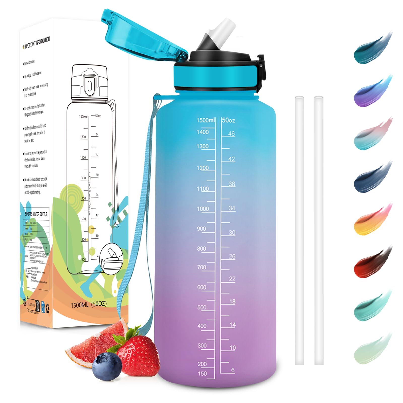Motswedi Drinking Bottle, 1500 ml, BPA-Free, Drinking Bottle with Straw, Suitable for Carbonated Drinks, Sports Bottle, Leak-Pro