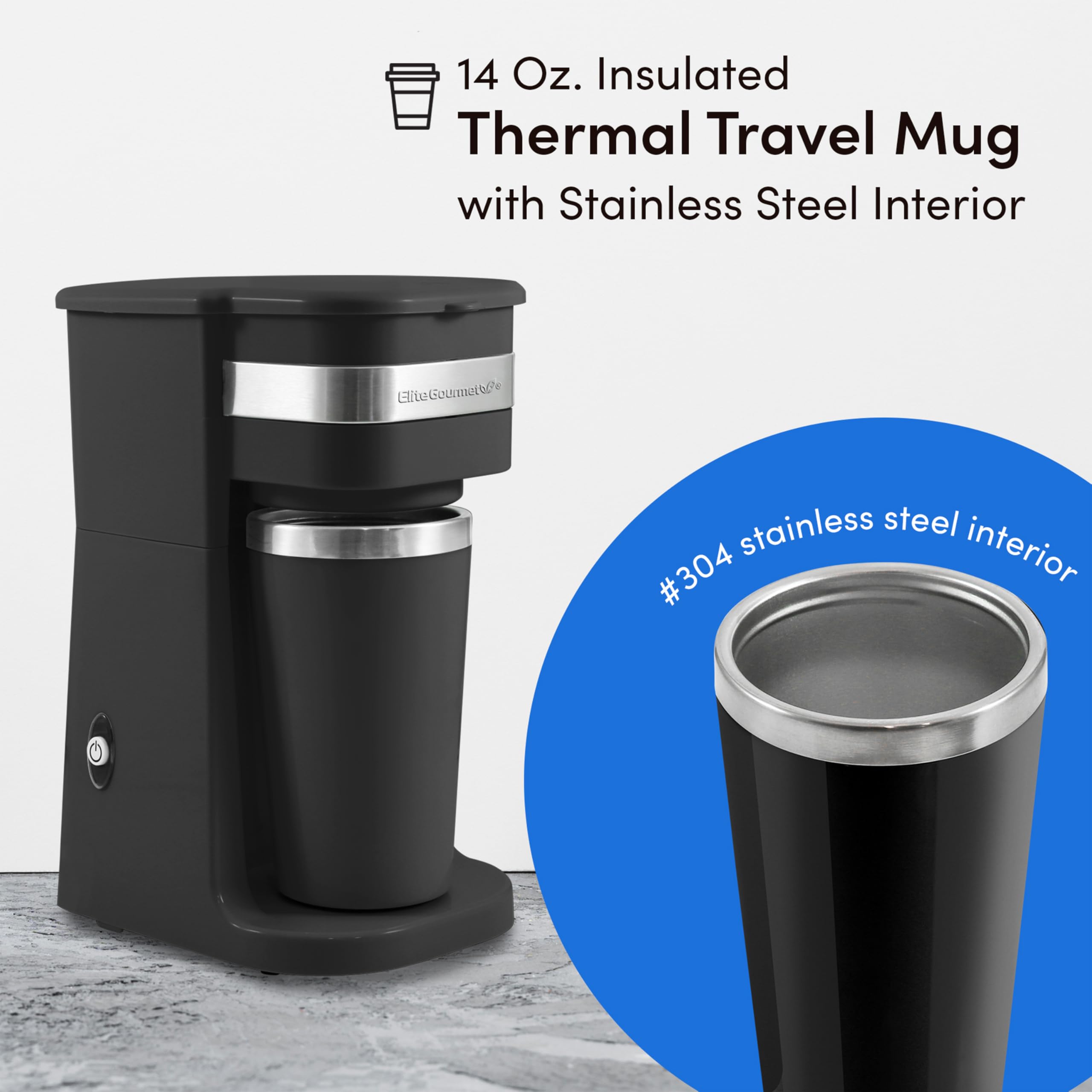 Elite Gourmet EHC111A Single-Serve Coffee Maker with 14Oz Stainless Steel Mug, Black, Compatible with Coffee Grounds, Reusable Filter