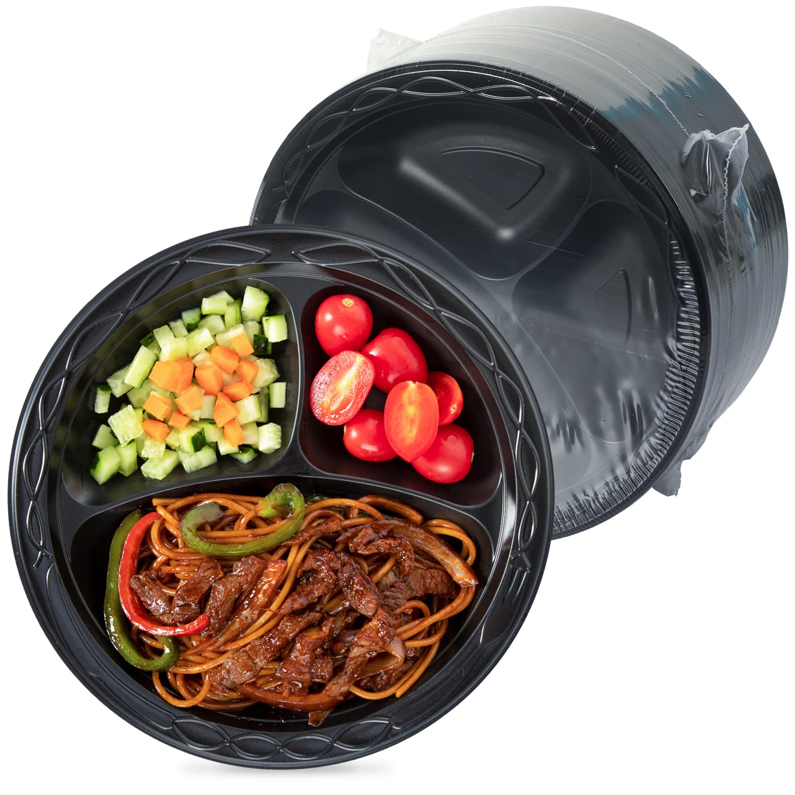 Leobox Plastic Plates, Reusable 150 Pack 9 Inch Plastic Dinner Plates 3 Compartment Heavy Duty Microwave Mfpp Plates