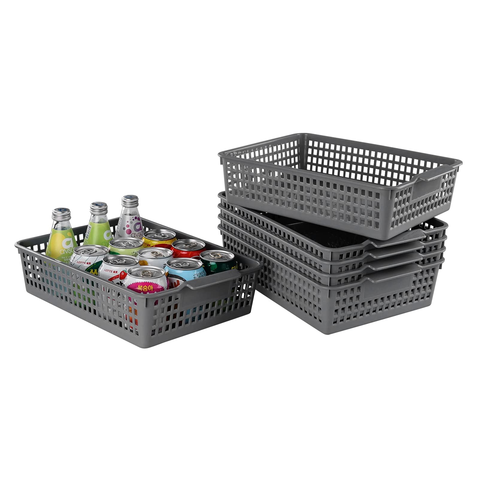 Gloreen 6 Pack Shallow Plastic Storage Basket, A4 Paper Basket Tray, Grey