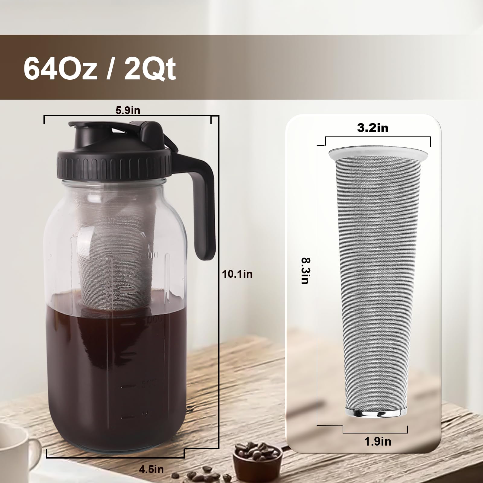 Pnhytugy Cold Brew Coffee Maker - 64 Oz Heavy Duty Glass Mason Jar Pitcher With Stainless Steel Filter, Pour Spout Handle Lid, L
