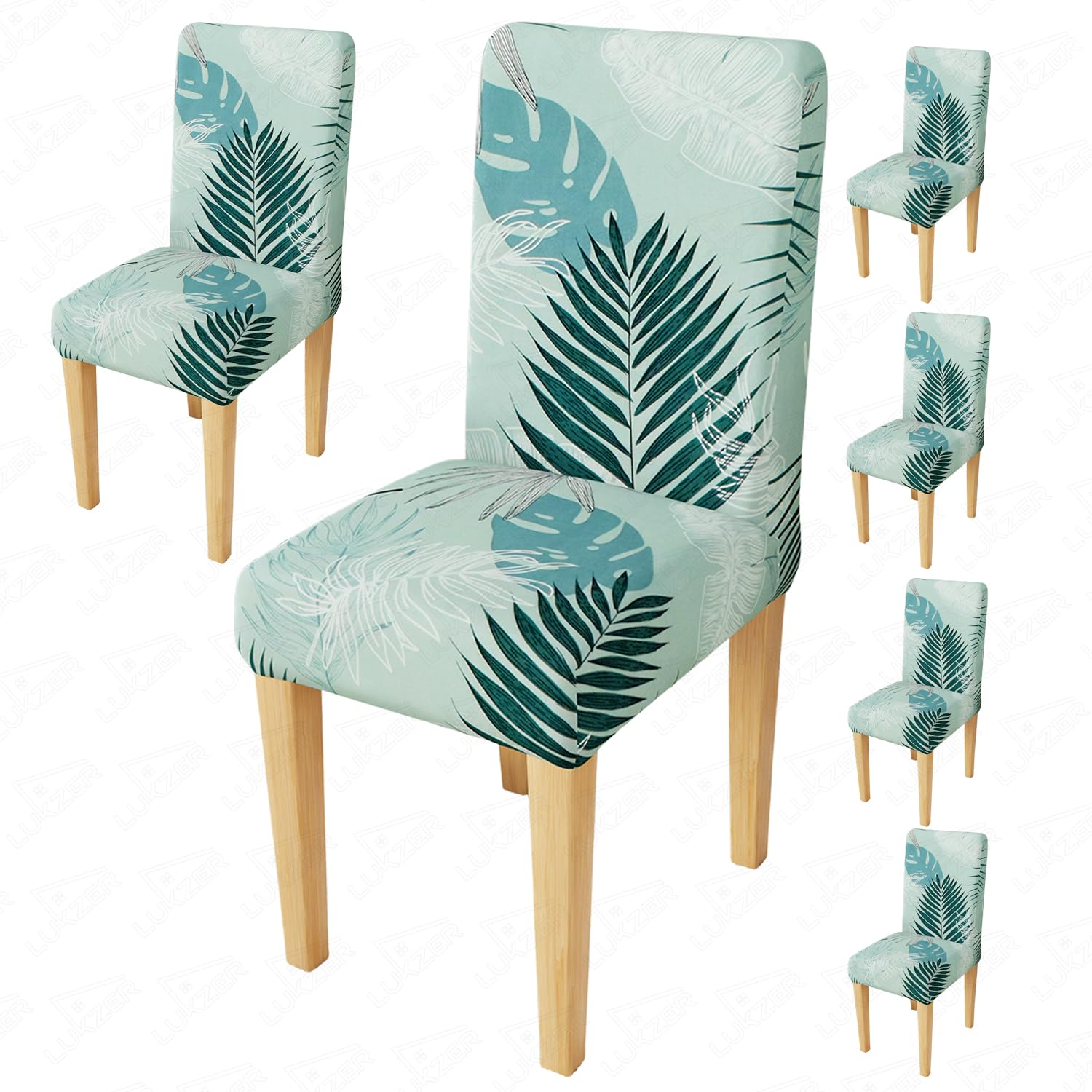 Lukzer 6Pc Elastic Stretchable Dining Chair Cover Universal Protective Slipcover (Light Blue Design/ 6Cover), Polyester