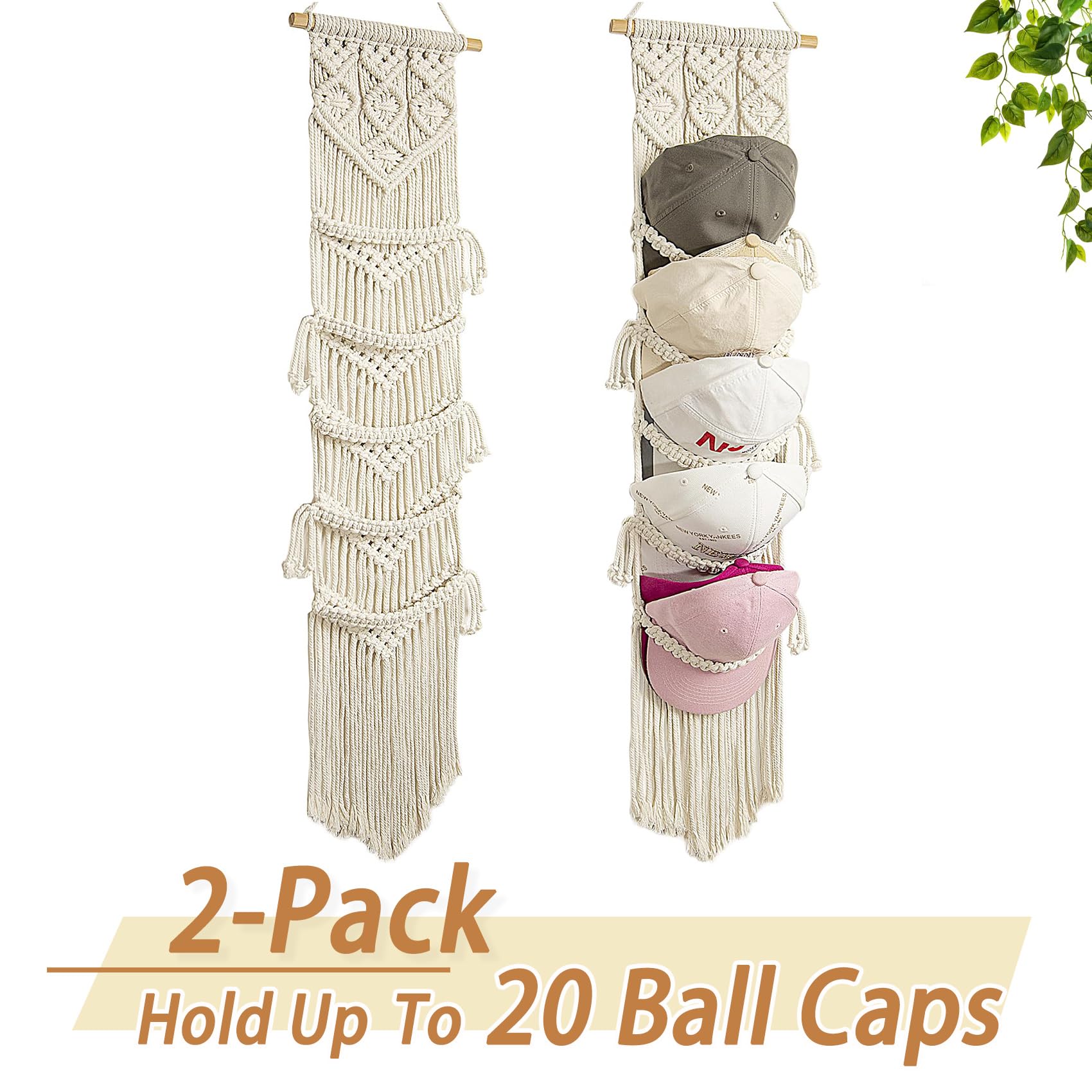 Ball Cap Hanger-2 Pack-Boho Macrame Cap Holder Wall Hat Organizer For Baseball Cap Holder Over Door, Hat Rack For Wall, Cap Rack