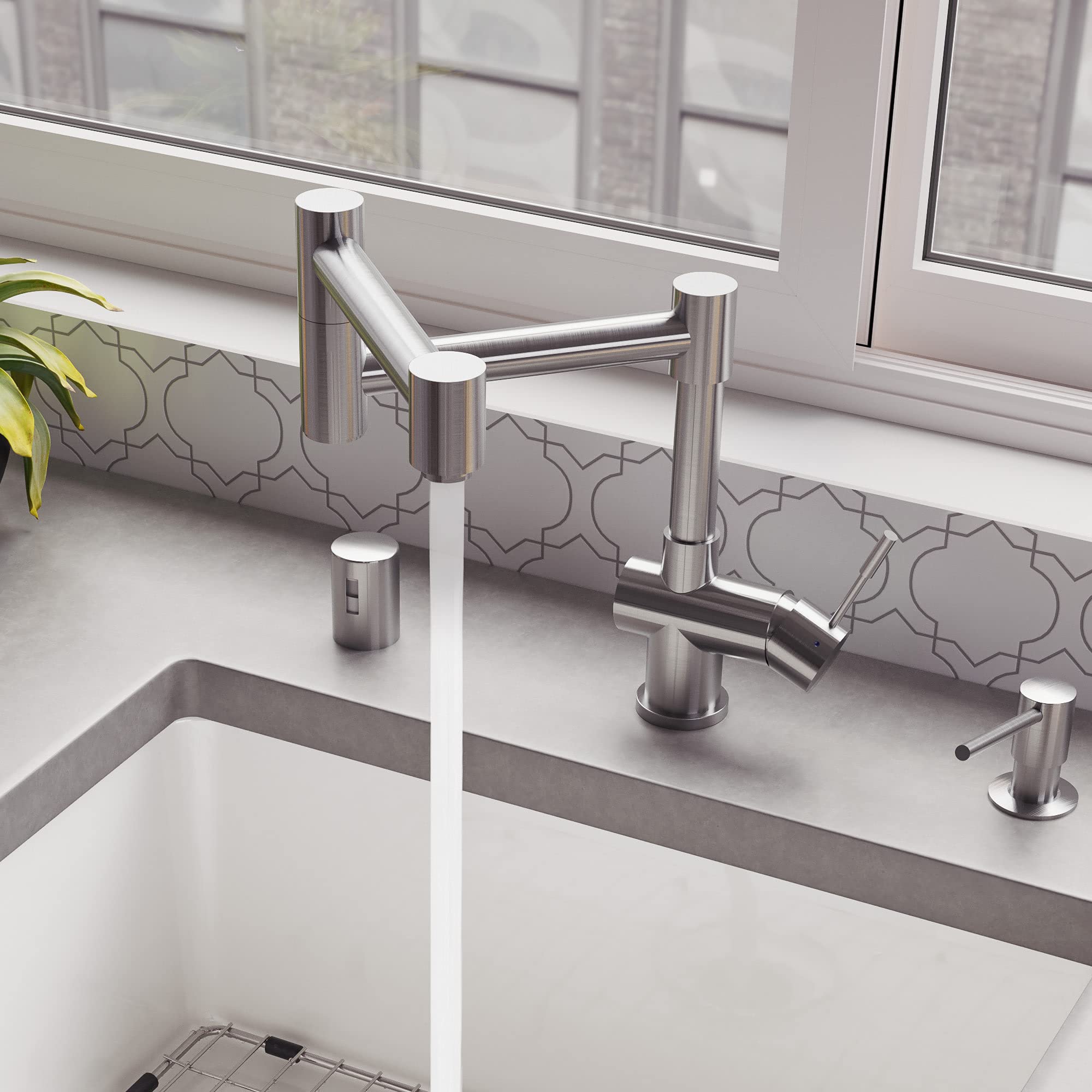 Alfi Ab2038-Bss Solid Brushed Stainless Steel Retractable Single Hole Kitchen Faucet, 15'' D X 12 1/8'' H