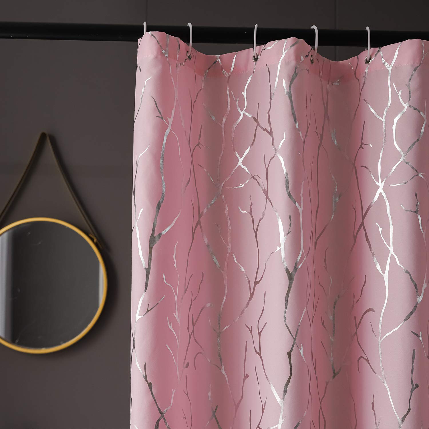 Finecity Pink Artistic Shower Curtain Set - Metallic Silver Foil Tree Branch Pattern Print Grommet Shower Curtain With 12 Hooks