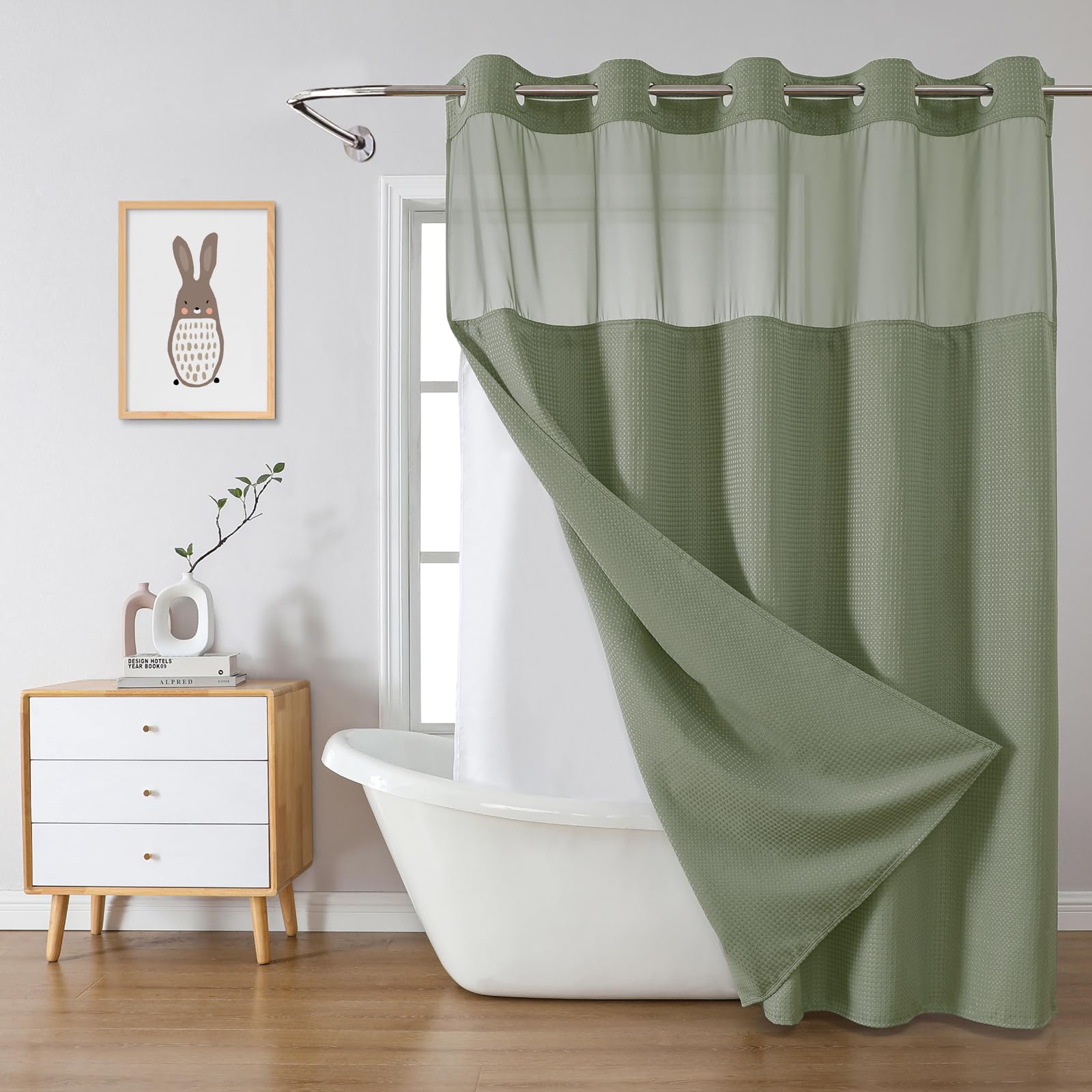 Eachope Sagegreen No Hook Waffle Weave Shower Curtain With Snap-In Liner Replacement, 230Gsm Waterproof Fabric Hotel Shower Curt