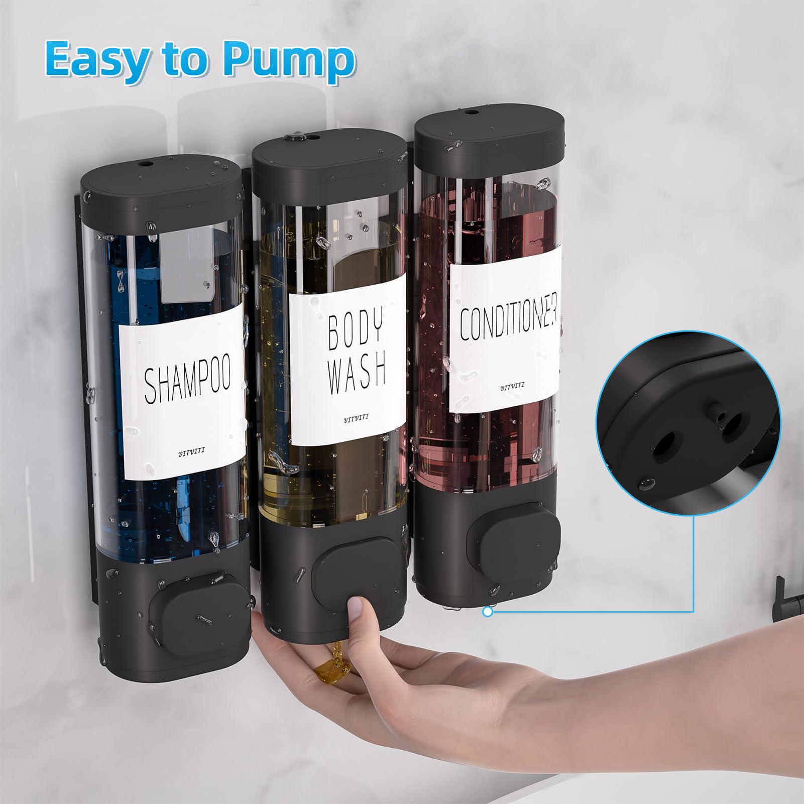 Vitviti Shampoo And Conditioner Dispenser For Shower Wall, Shower Soap Dispenser 3 Chamber No Drill Wall Mounted, 10.2 Oz Plasti